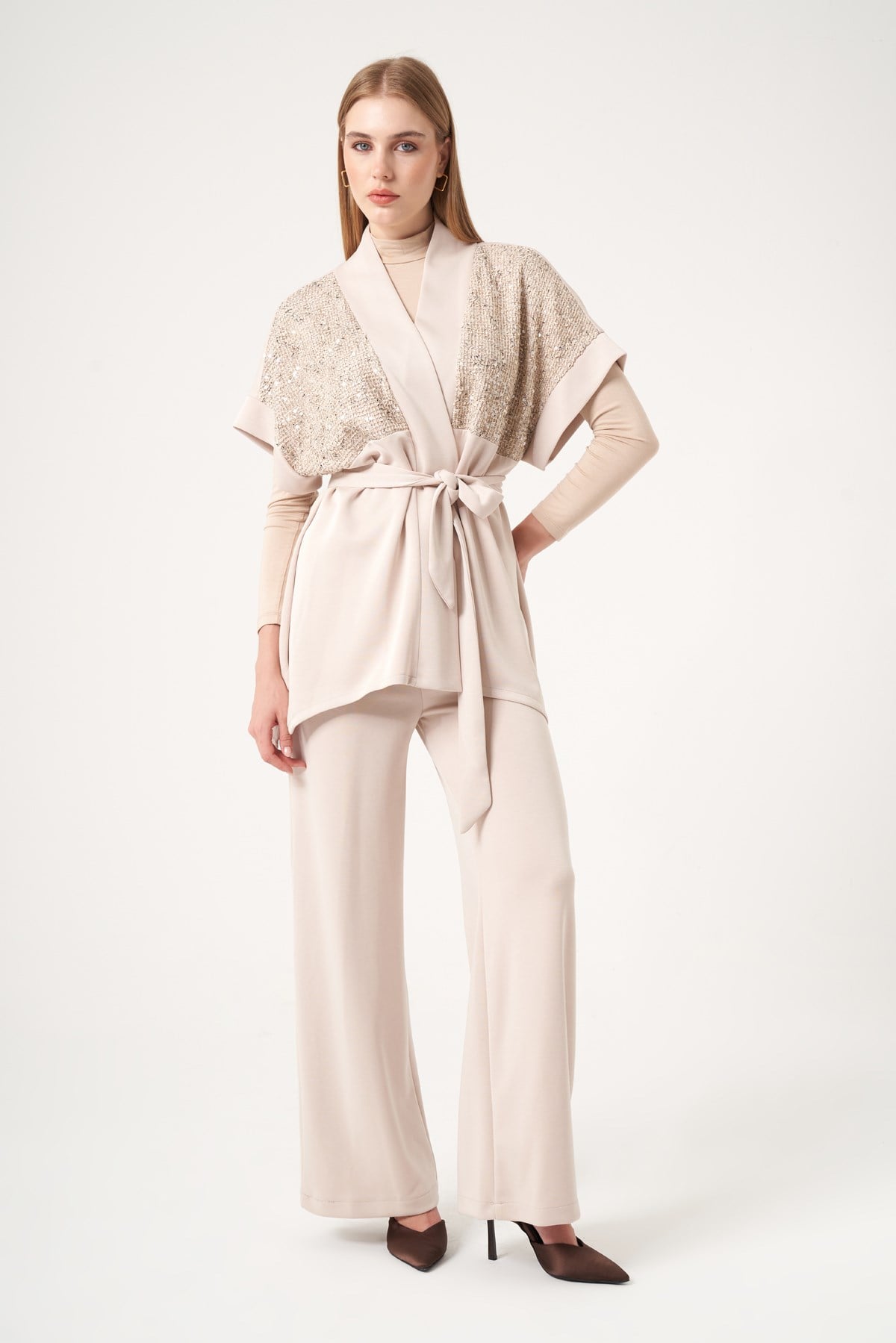 FTZ Women Kadın Modal Payet Detaylı Takım  Beige 31516