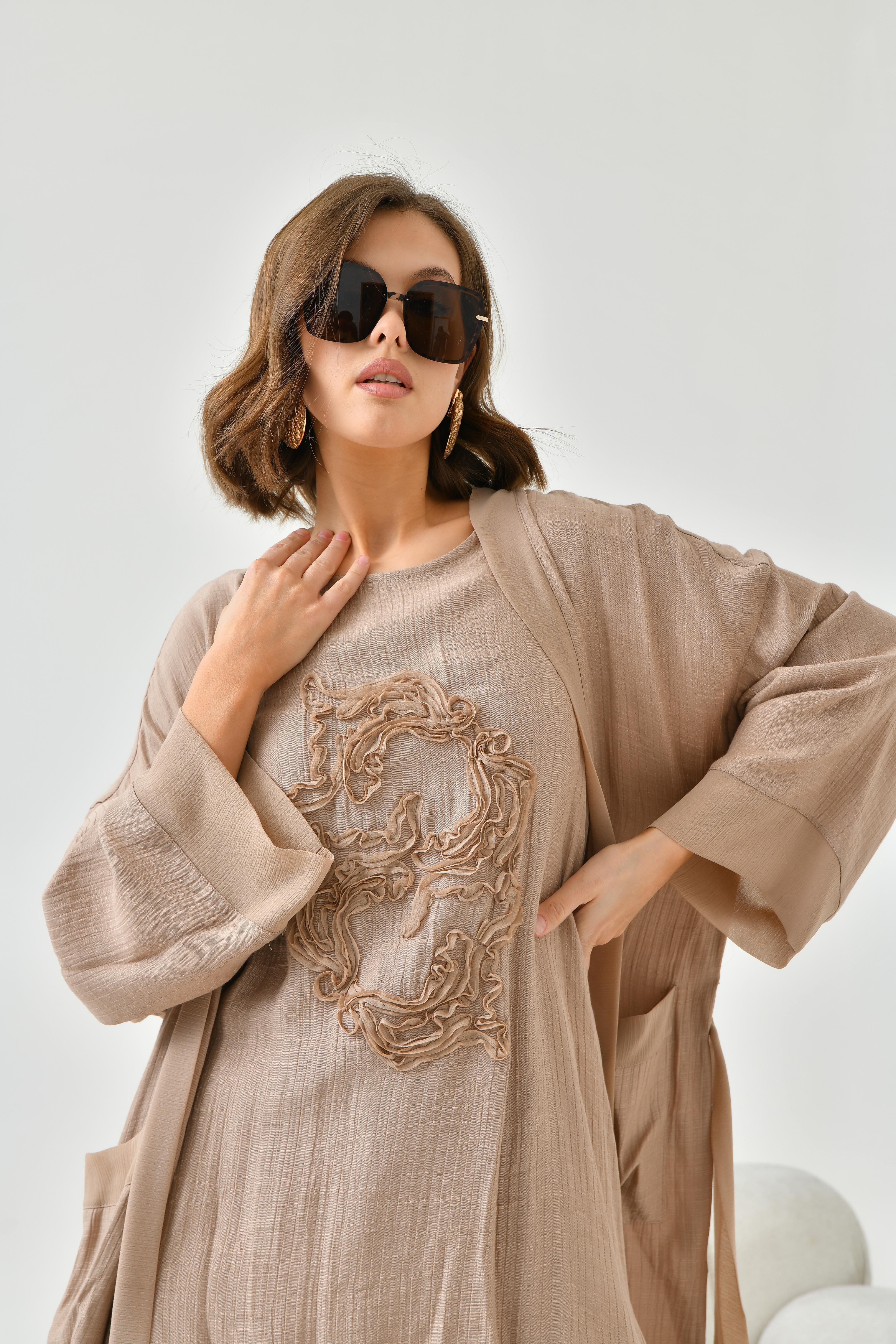 FTZ Women Kadın Nakışlı 3'lü Keten Takım  Camel 30760
