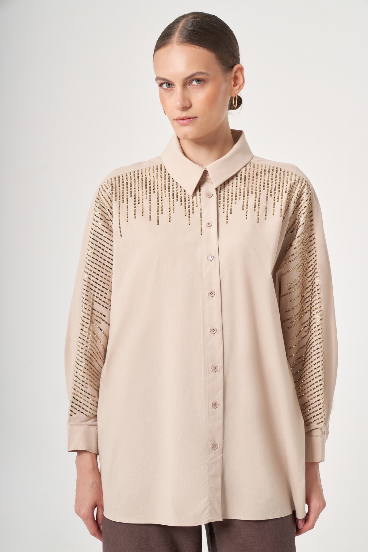 FTZ Women Kadın Omuz Taşlı Gömlek  Beige 31434