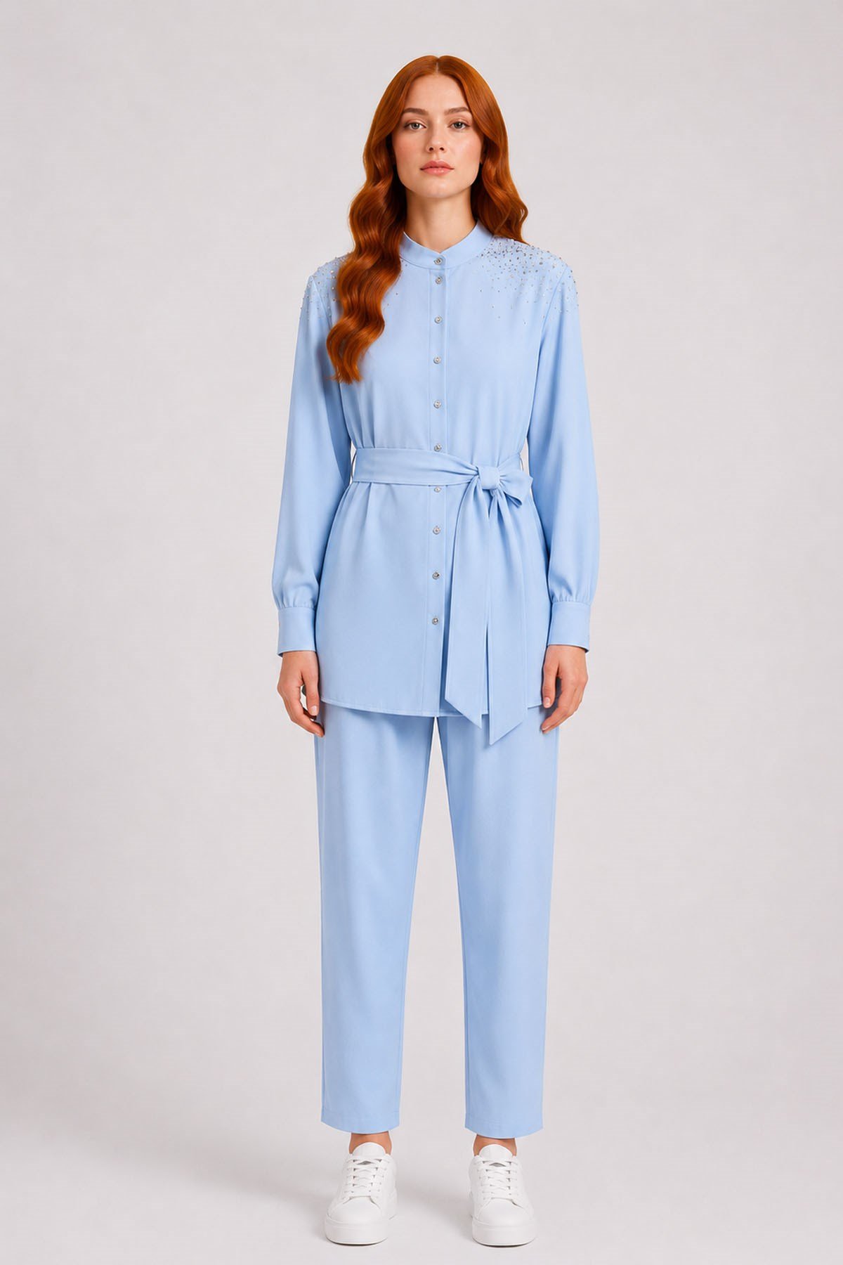 FTZ Women Kadın Omuz Taşli Tencel Takım  Mavi 31414