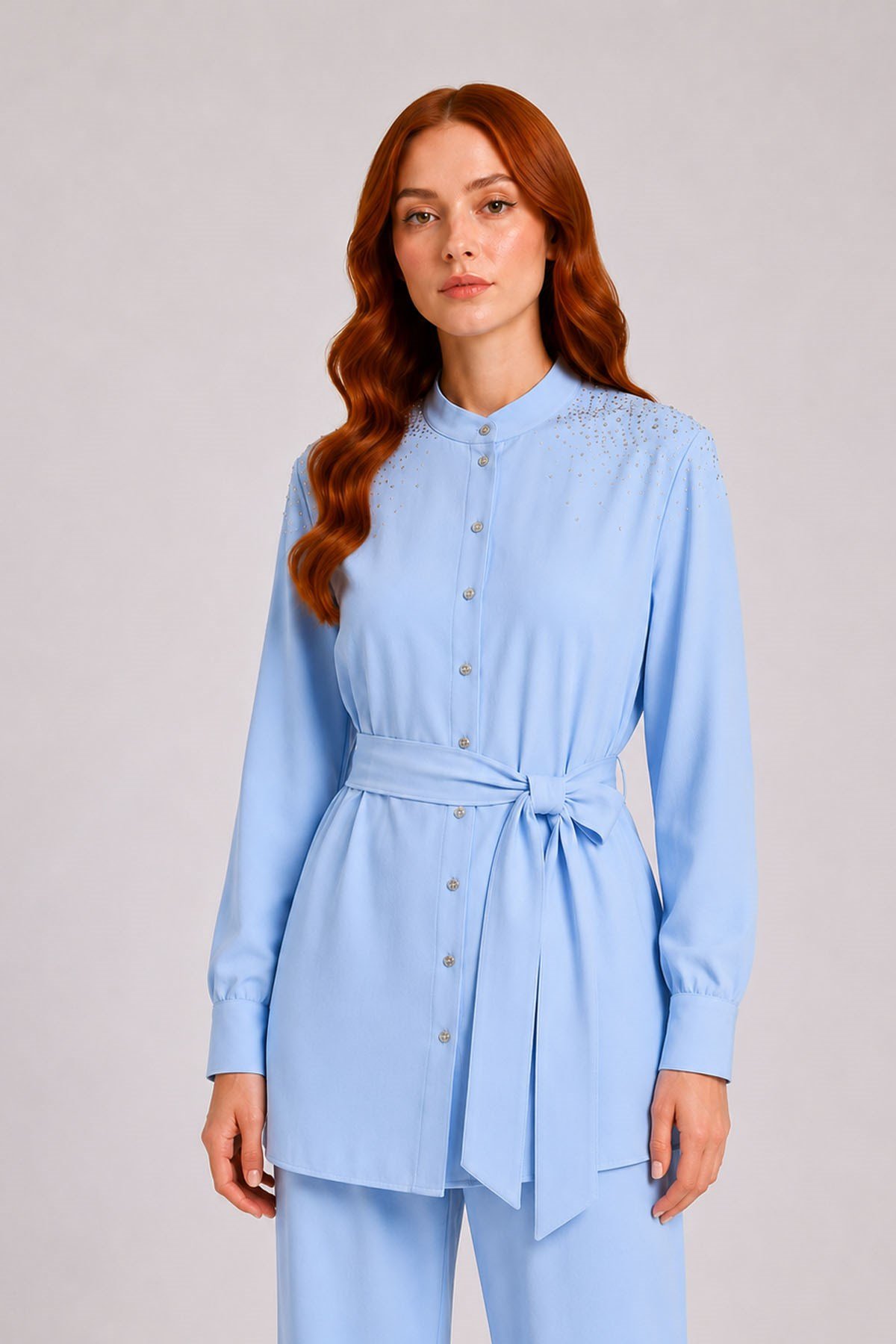 FTZ Women Kadın Omuz Taşli Tencel Takım  Mavi 31414