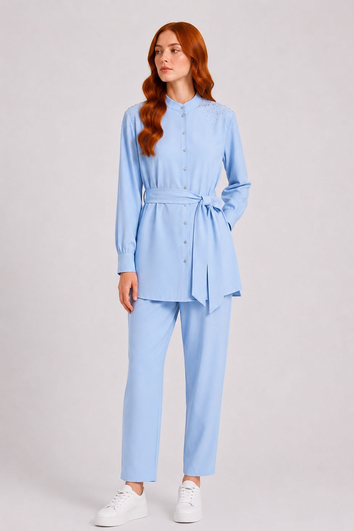 FTZ Women Kadın Omuz Taşli Tencel Takım  Mavi 31414
