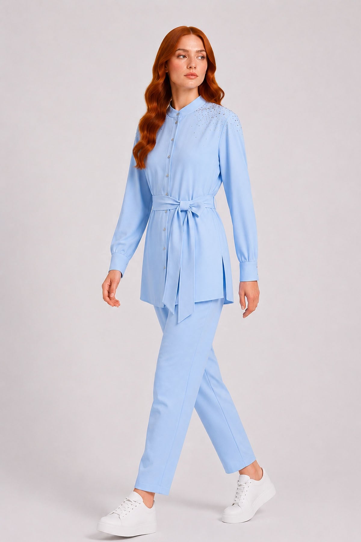 FTZ Women Kadın Omuz Taşli Tencel Takım  Mavi 31414