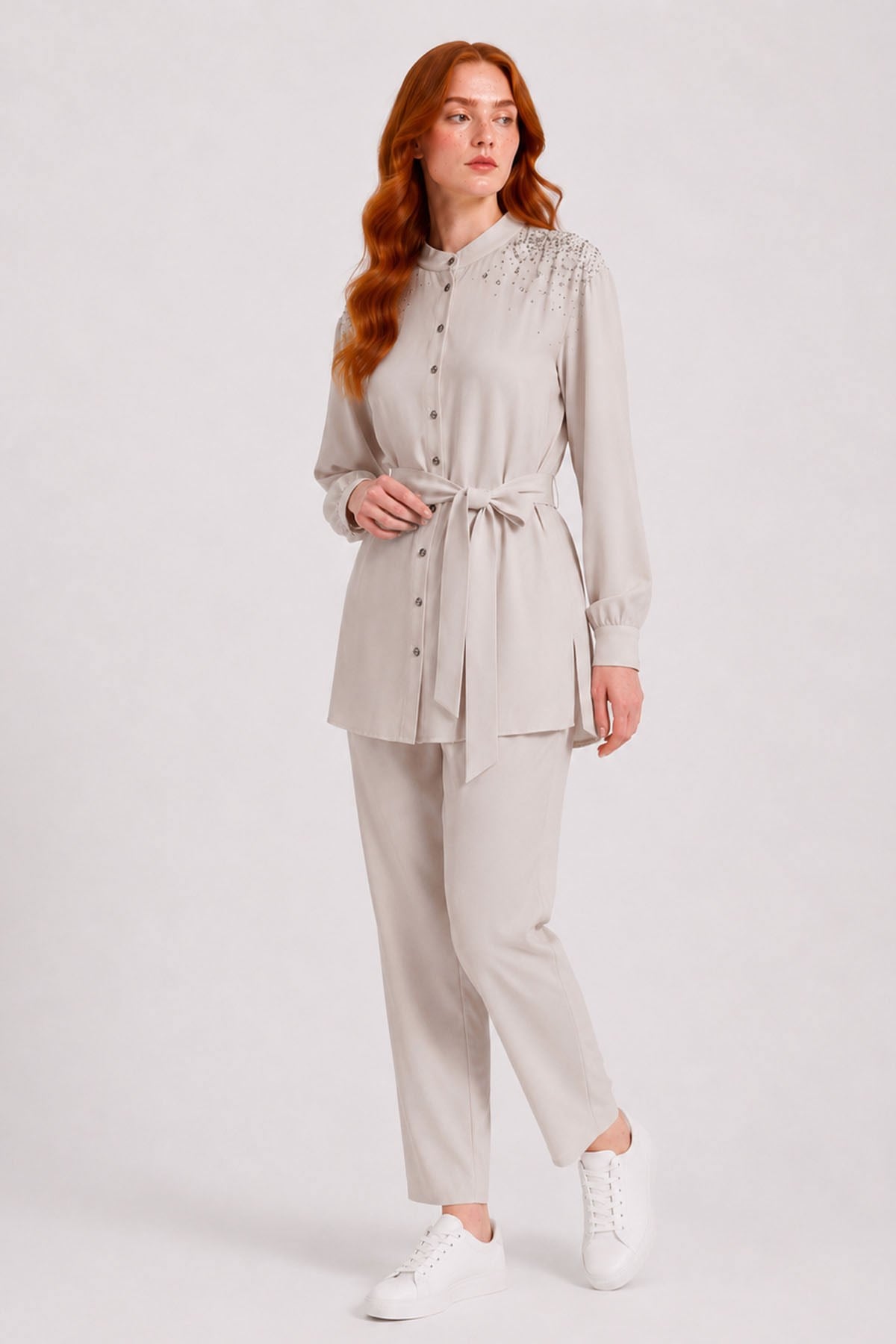 FTZ Women Kadın Omuz Taşli Tencel Takım  Beige 31414