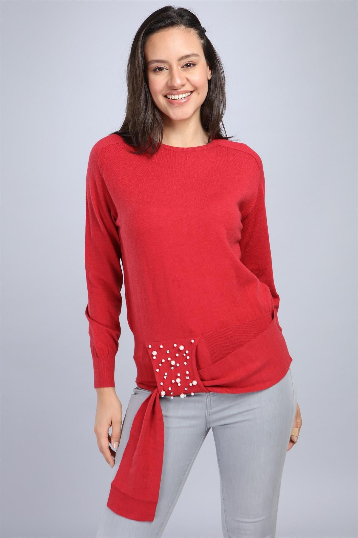 FTZ Women Kadın Önü İncili Bluz  Kırmızı 20-570