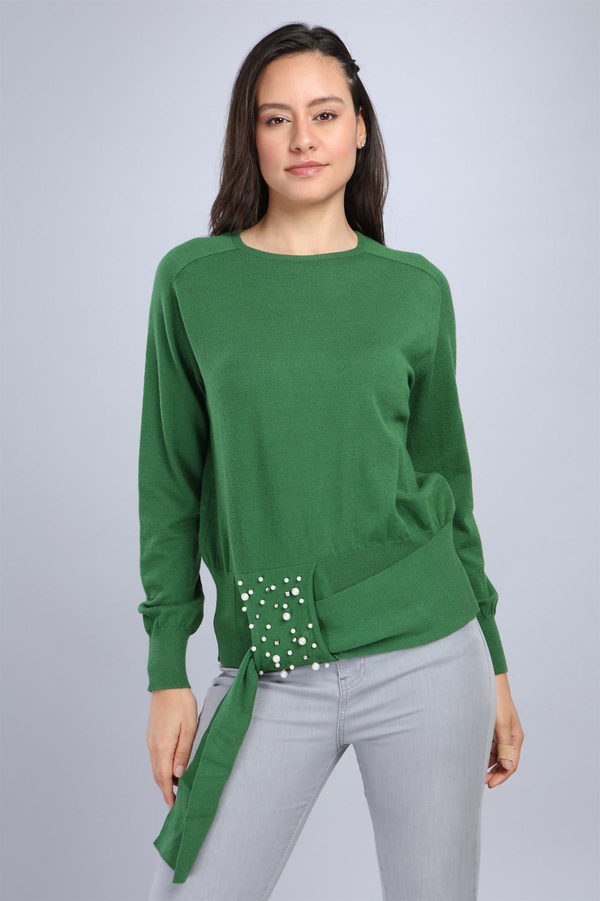 FTZ Women Kadın Önü İncili Bluz  Yeşil 20-570