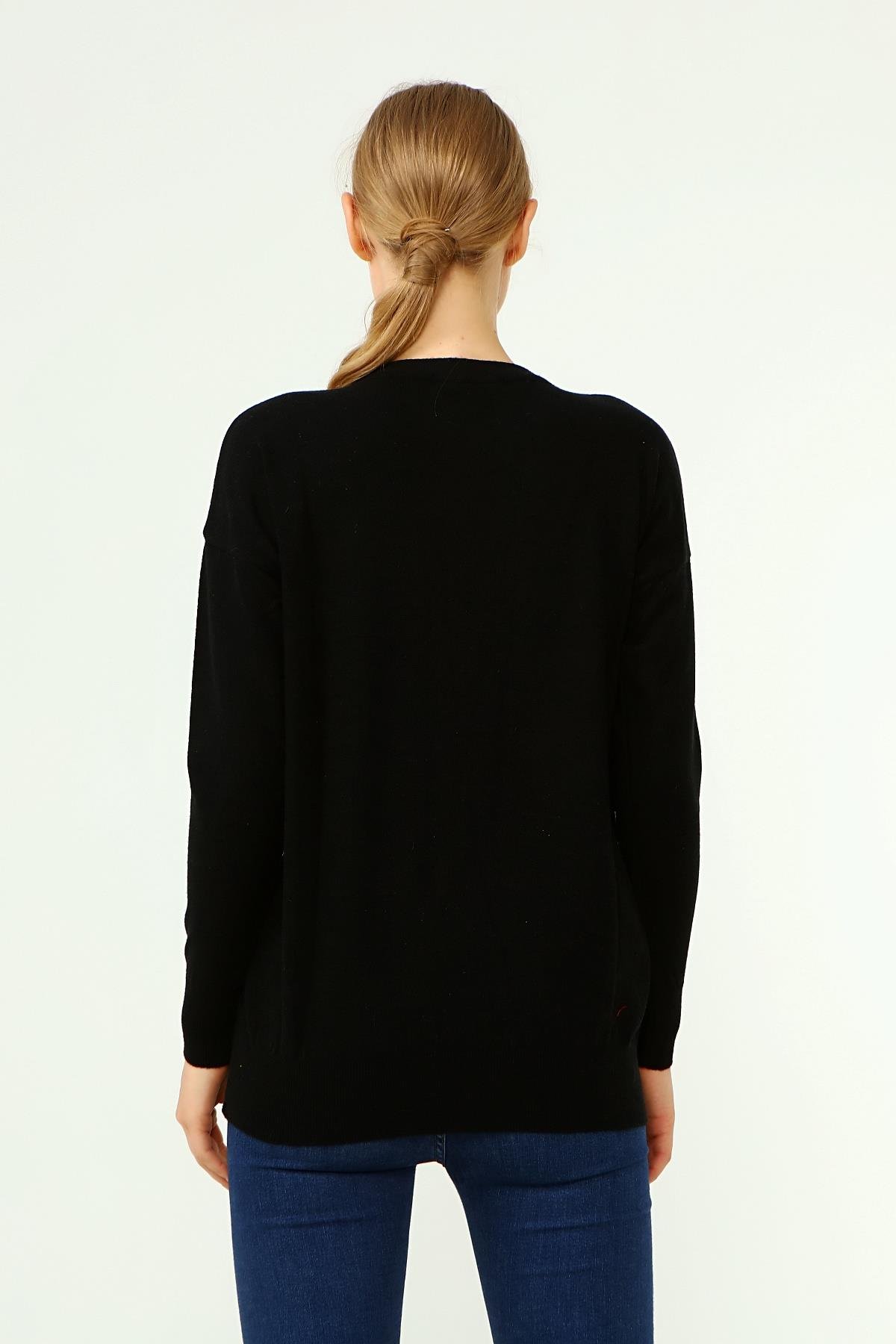 FTZ Women Kadın Önü Kanat Detaylı Kazak  Siyah 21-1035