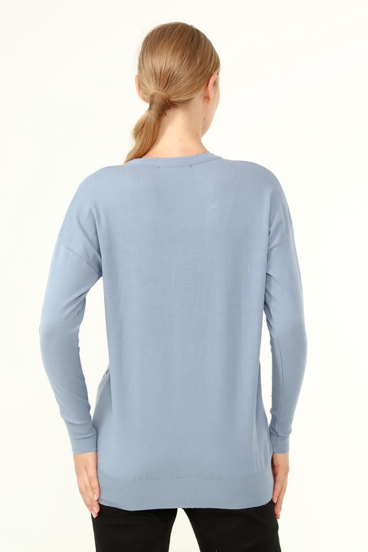 FTZ Women Kadın Önü Kanat Detaylı Kazak  Mavi 21-1035