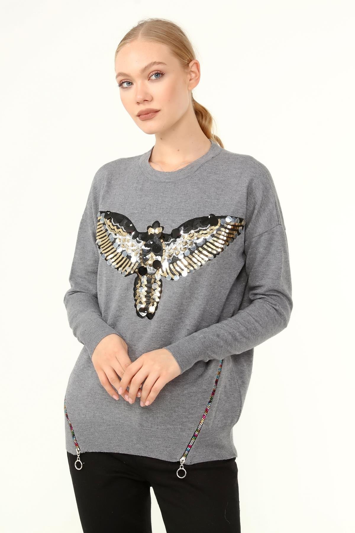 FTZ Women Kadın Önü Kanat Detaylı Kazak  Gri 21-1035