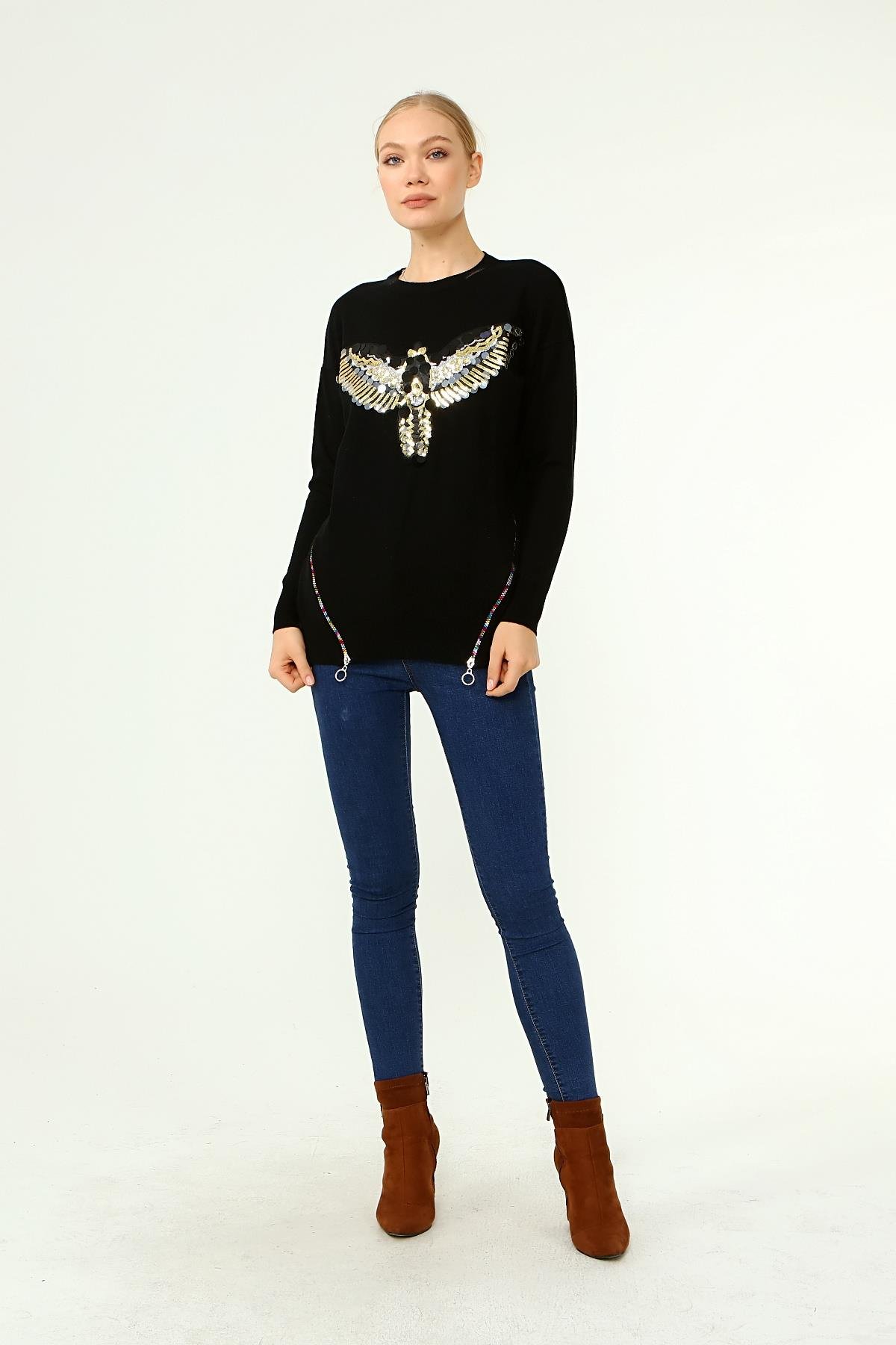 FTZ Women Kadın Önü Kanat Detaylı Kazak  Siyah 21-1035