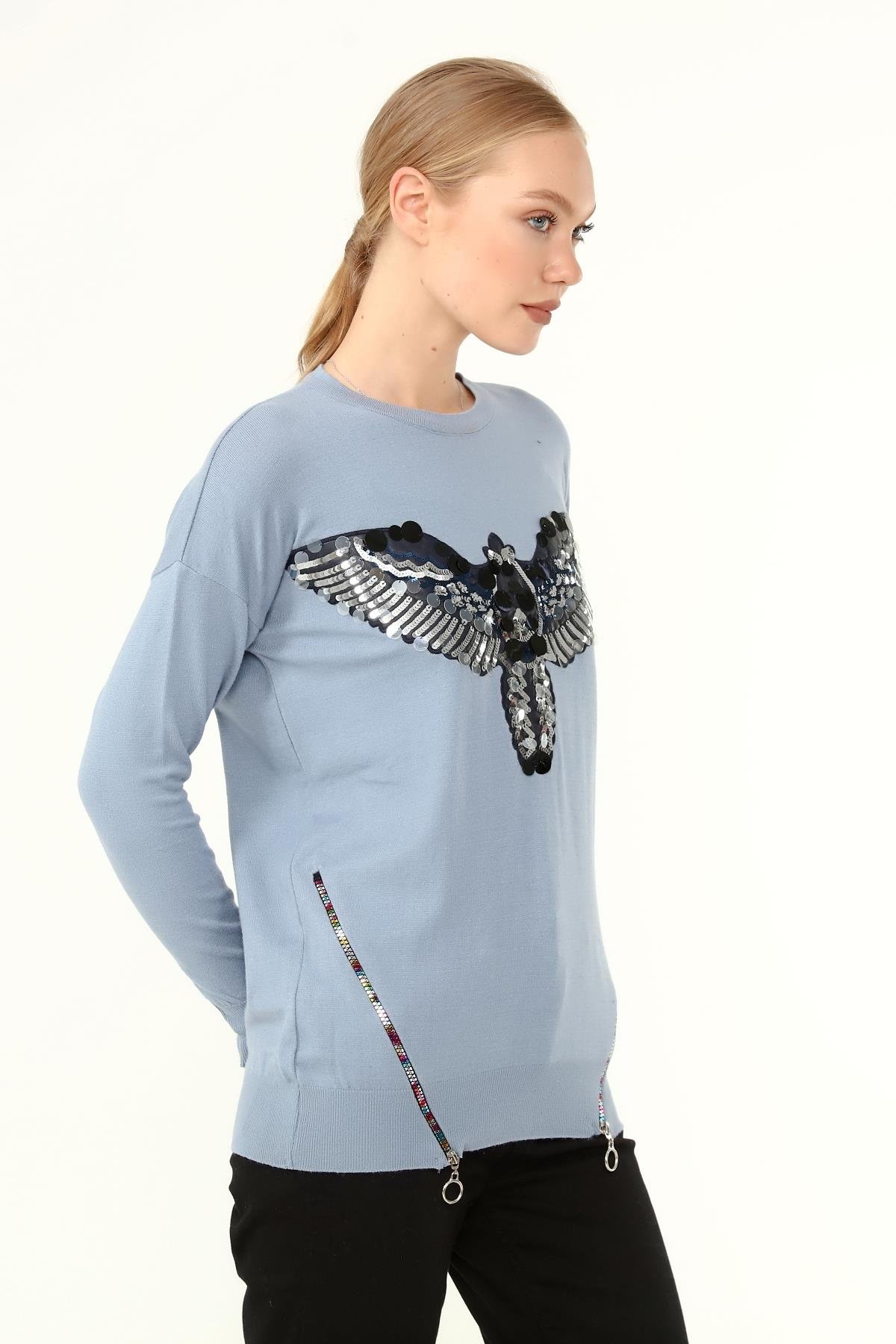 FTZ Women Kadın Önü Kanat Detaylı Kazak  Mavi 21-1035