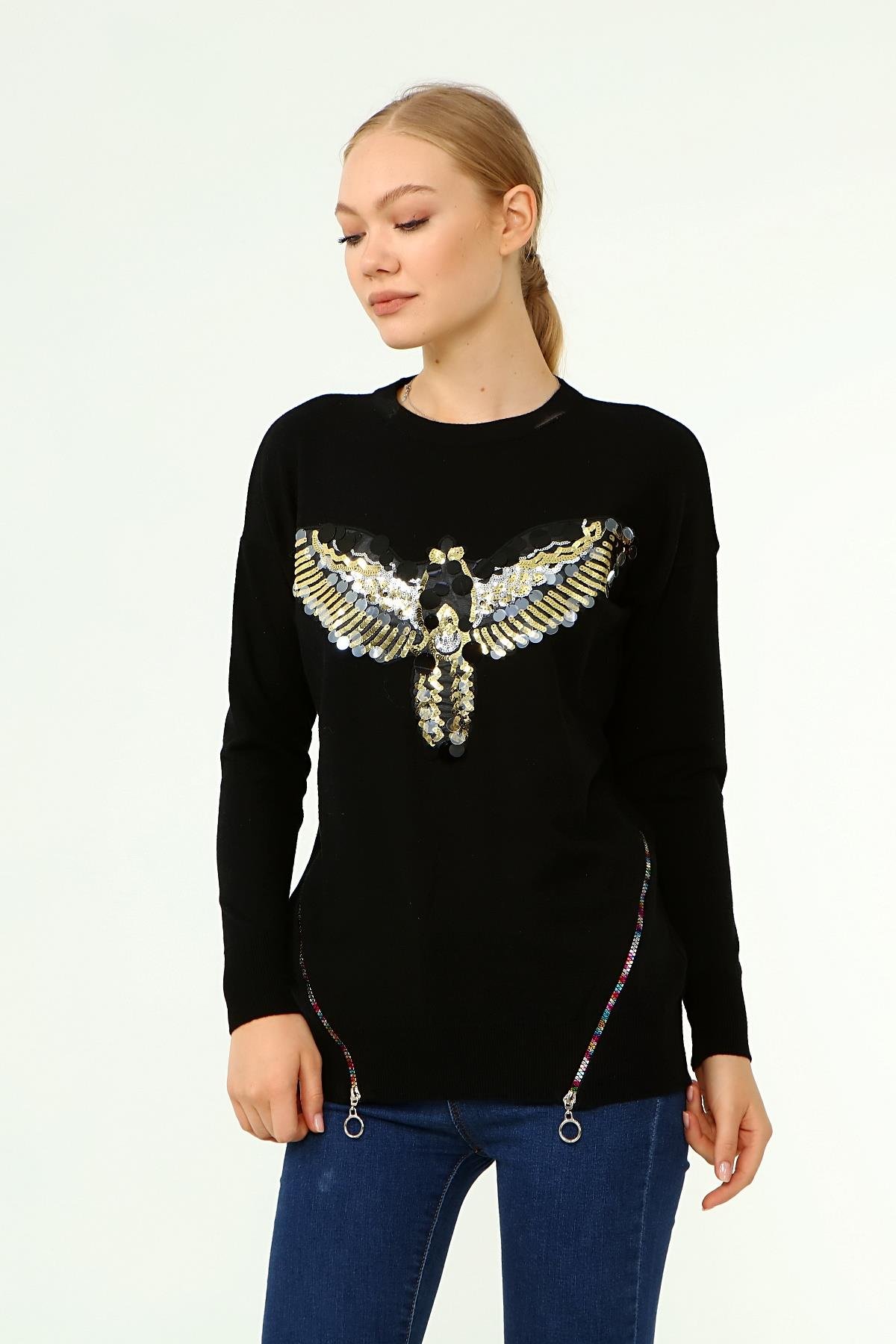 FTZ Women Kadın Önü Kanat Detaylı Kazak  Siyah 21-1035