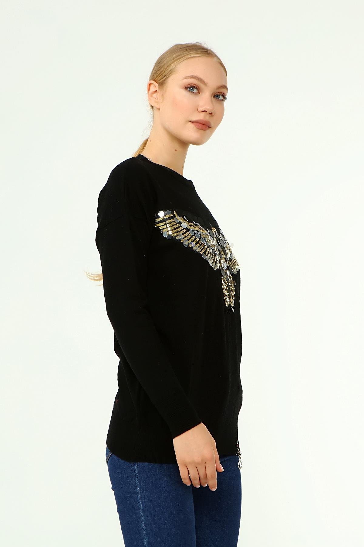 FTZ Women Kadın Önü Kanat Detaylı Kazak  Siyah 21-1035