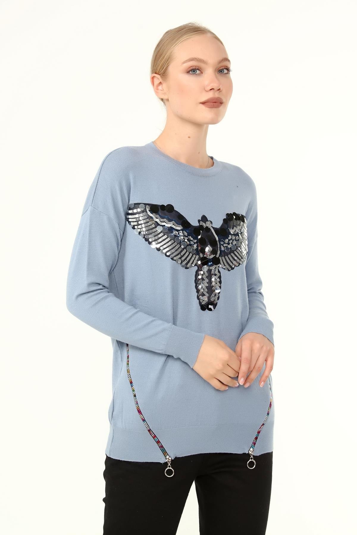 FTZ Women Kadın Önü Kanat Detaylı Kazak  Mavi 21-1035