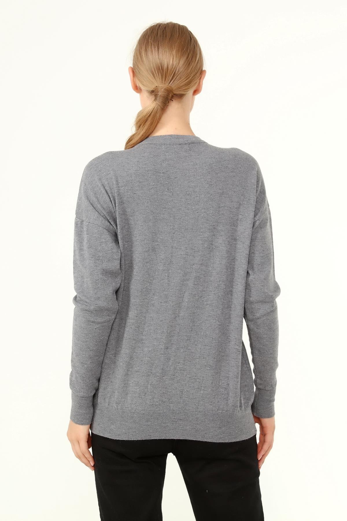 FTZ Women Kadın Önü Kanat Detaylı Kazak  Gri 21-1035