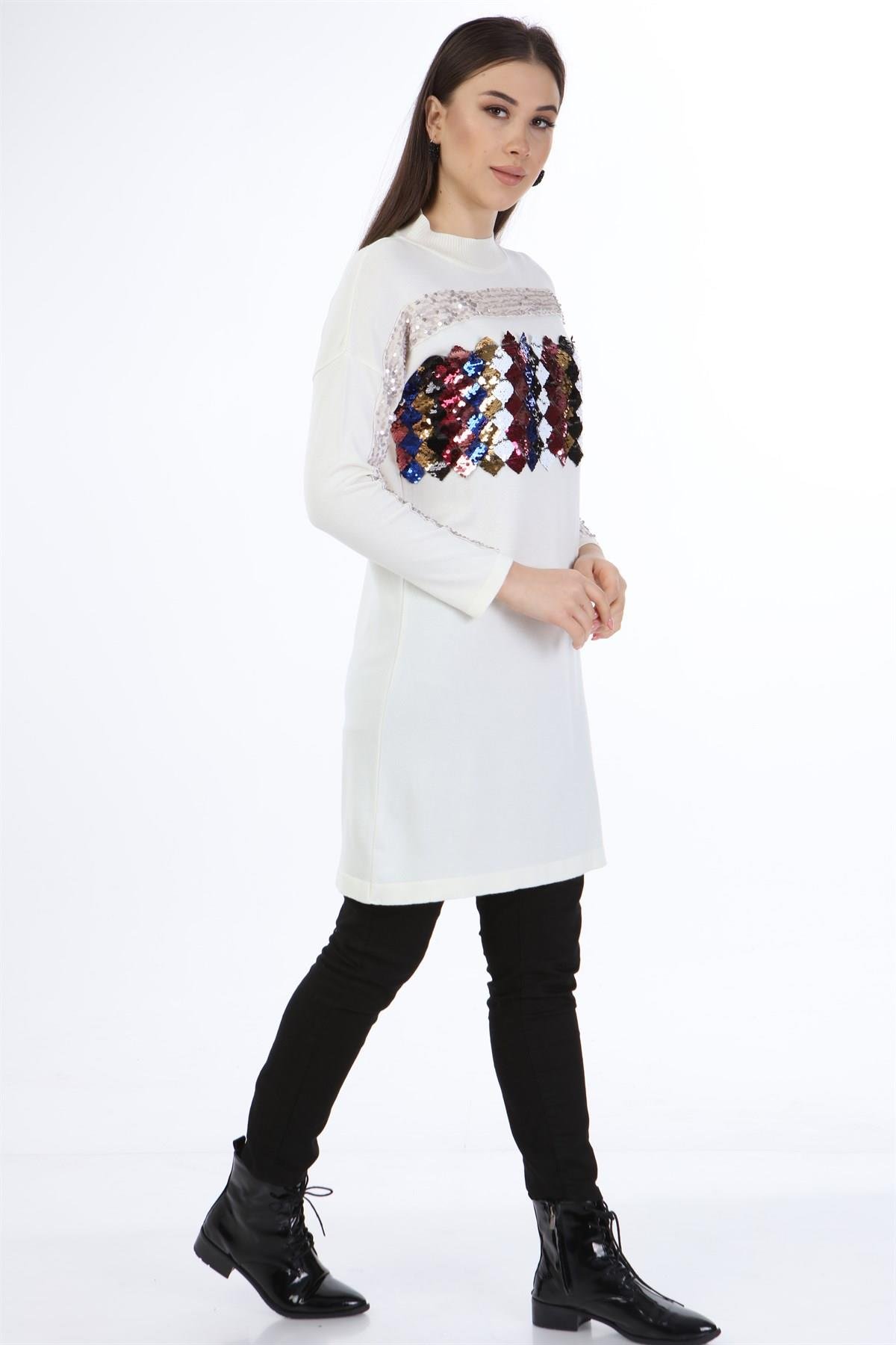 FTZ Women Kadın Önü Pul Payet Triko  Ekru 21-1238