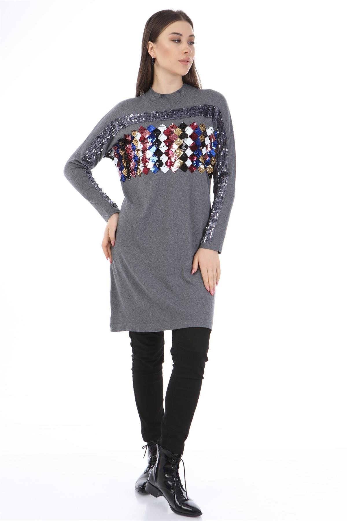 FTZ Women Kadın Önü Pul Payet Triko  Gri 21-1238