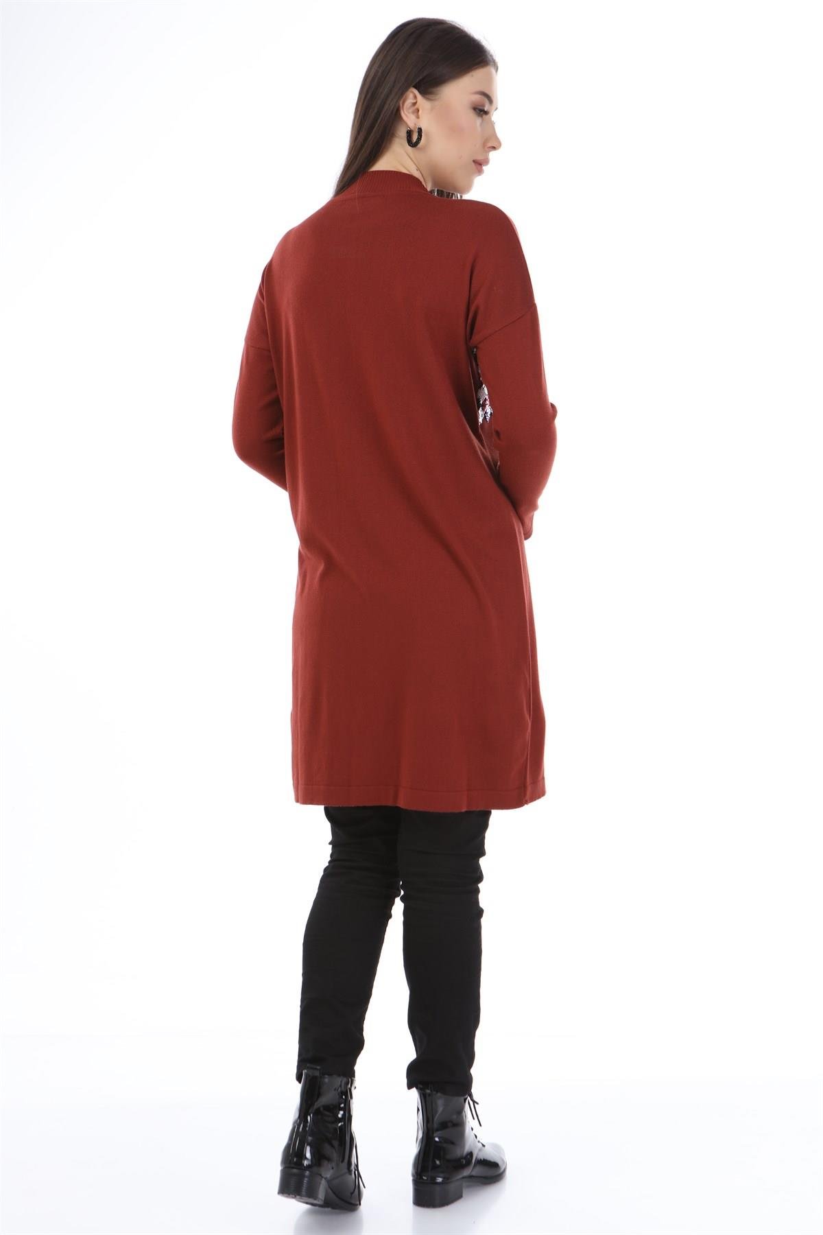 FTZ Women Kadın Önü Pul Payet Triko  Kiremit 21-1238