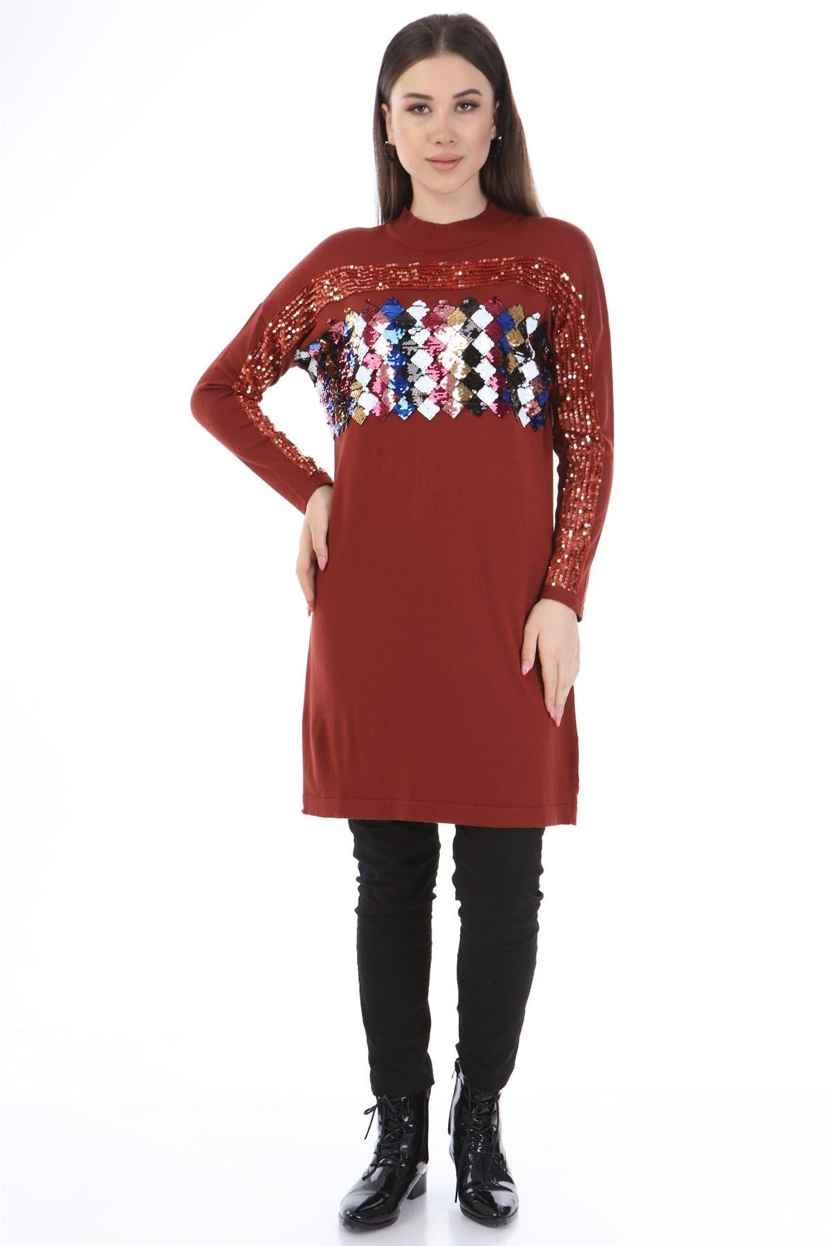 FTZ Women Kadın Önü Pul Payet Triko  Kiremit 21-1238