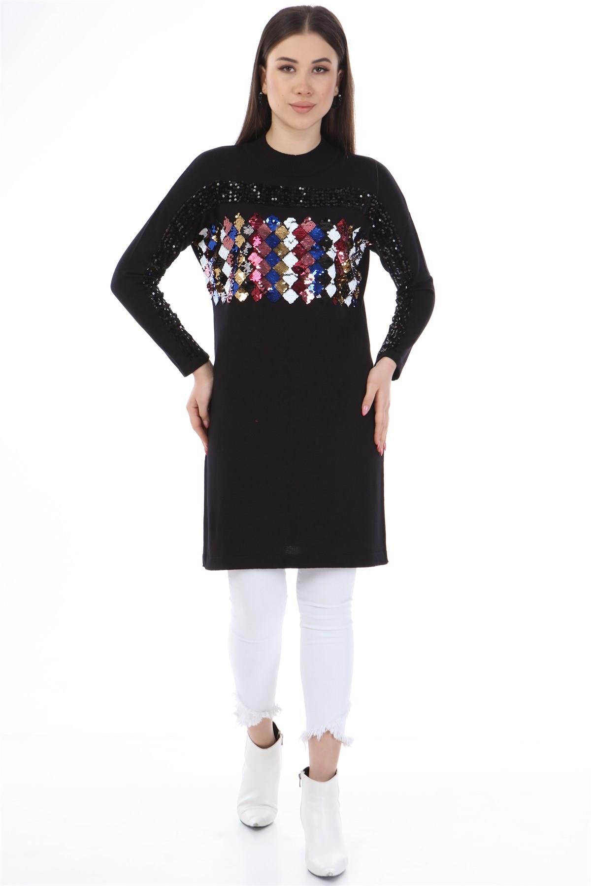 FTZ Women Kadın Önü Pul Payet Triko  Siyah 21-1238