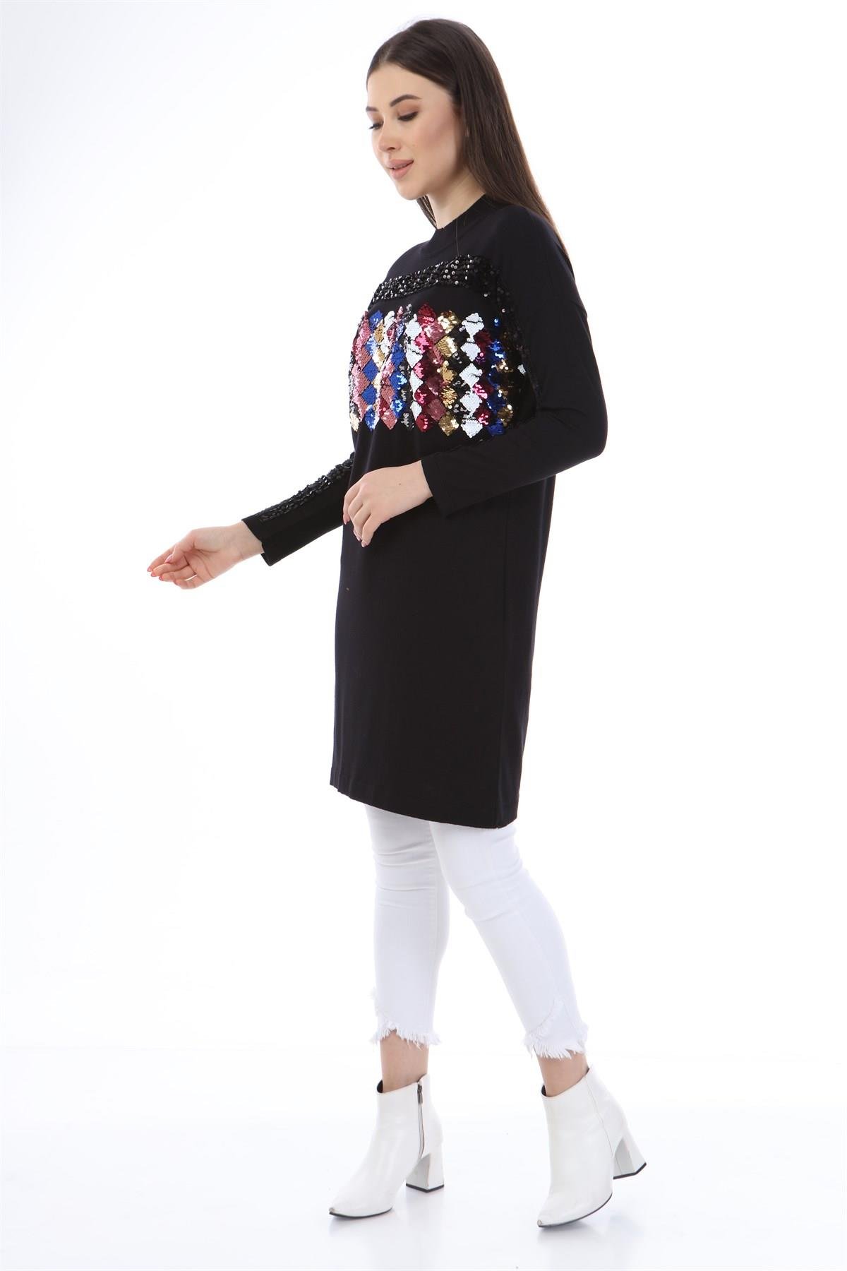 FTZ Women Kadın Önü Pul Payet Triko  Siyah 21-1238