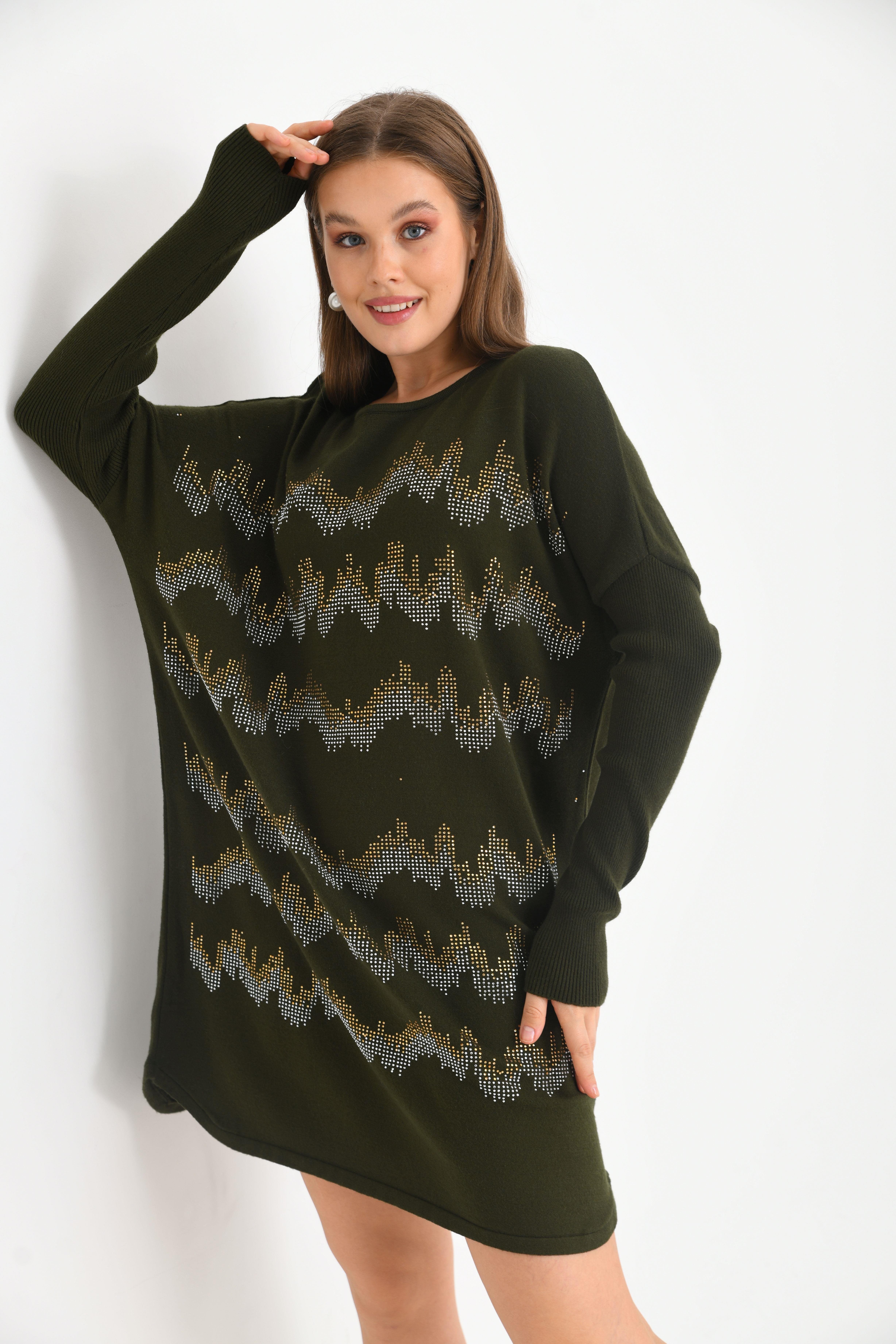 FTZ Women Kadın Önü Taş Detaylı Tunik  Haki 21-6046