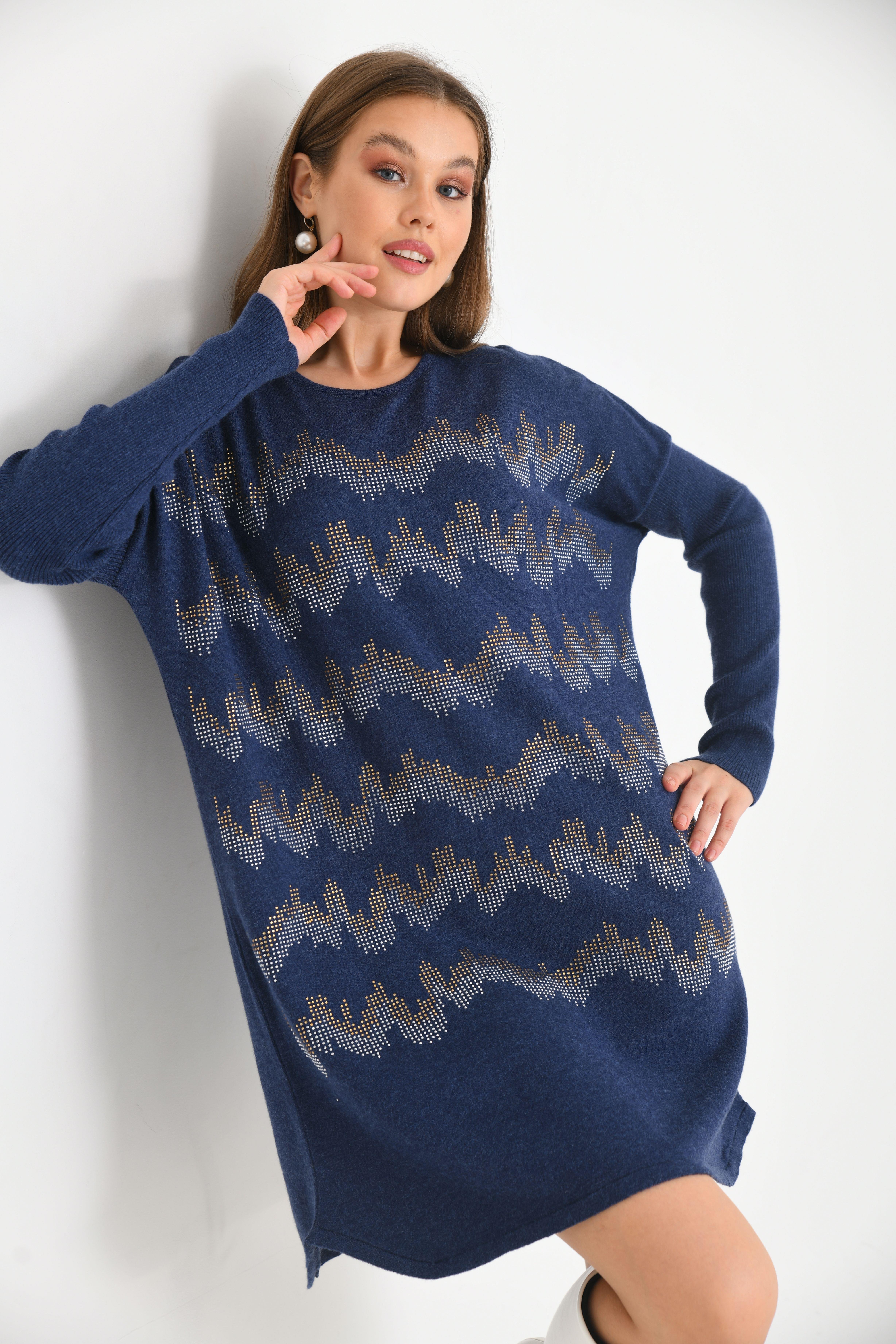 FTZ Women Kadın Önü Taş Detaylı Tunik  İndigo 21-6046