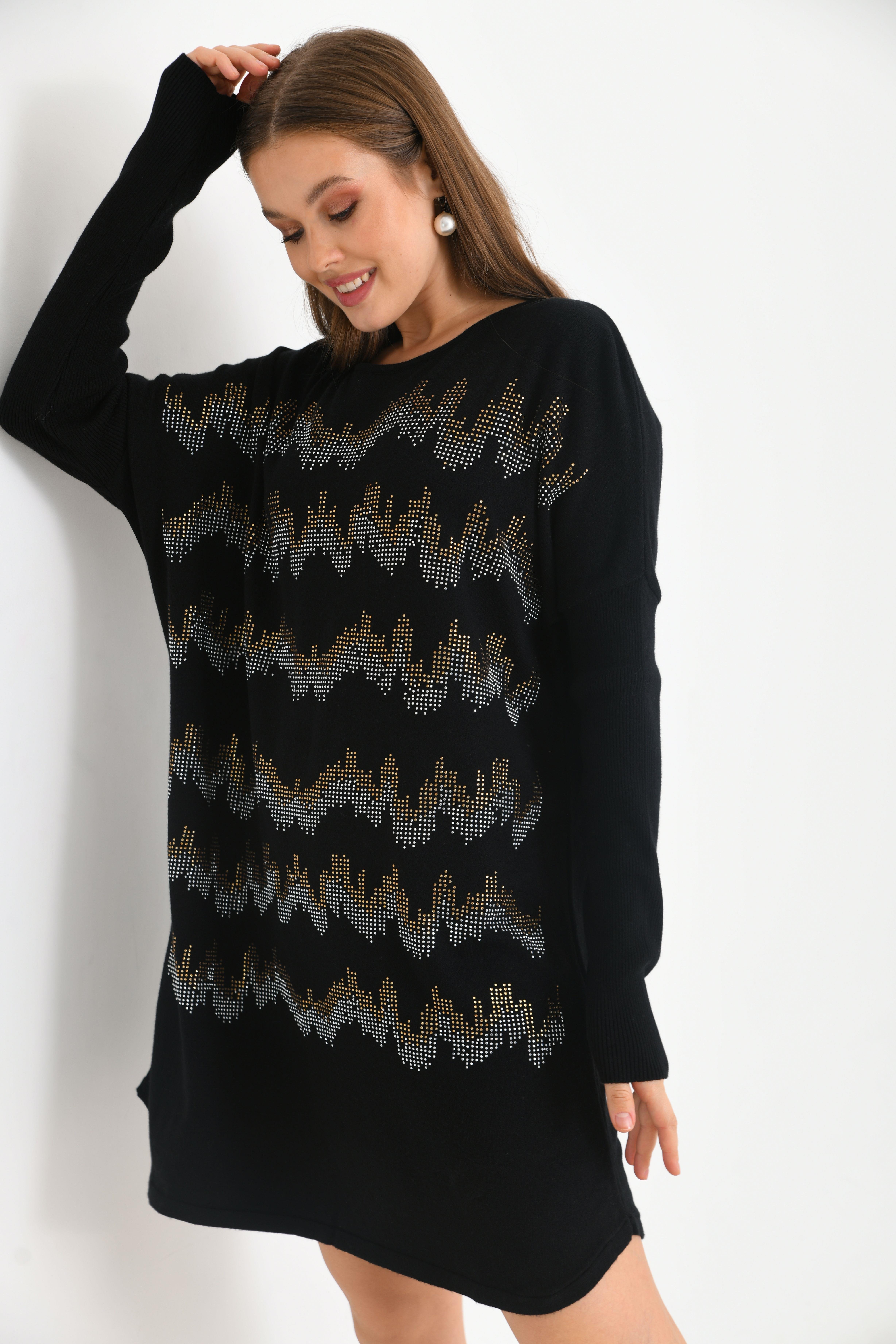 FTZ Women Kadın Önü Taş Detaylı Tunik  Siyah 21-6046