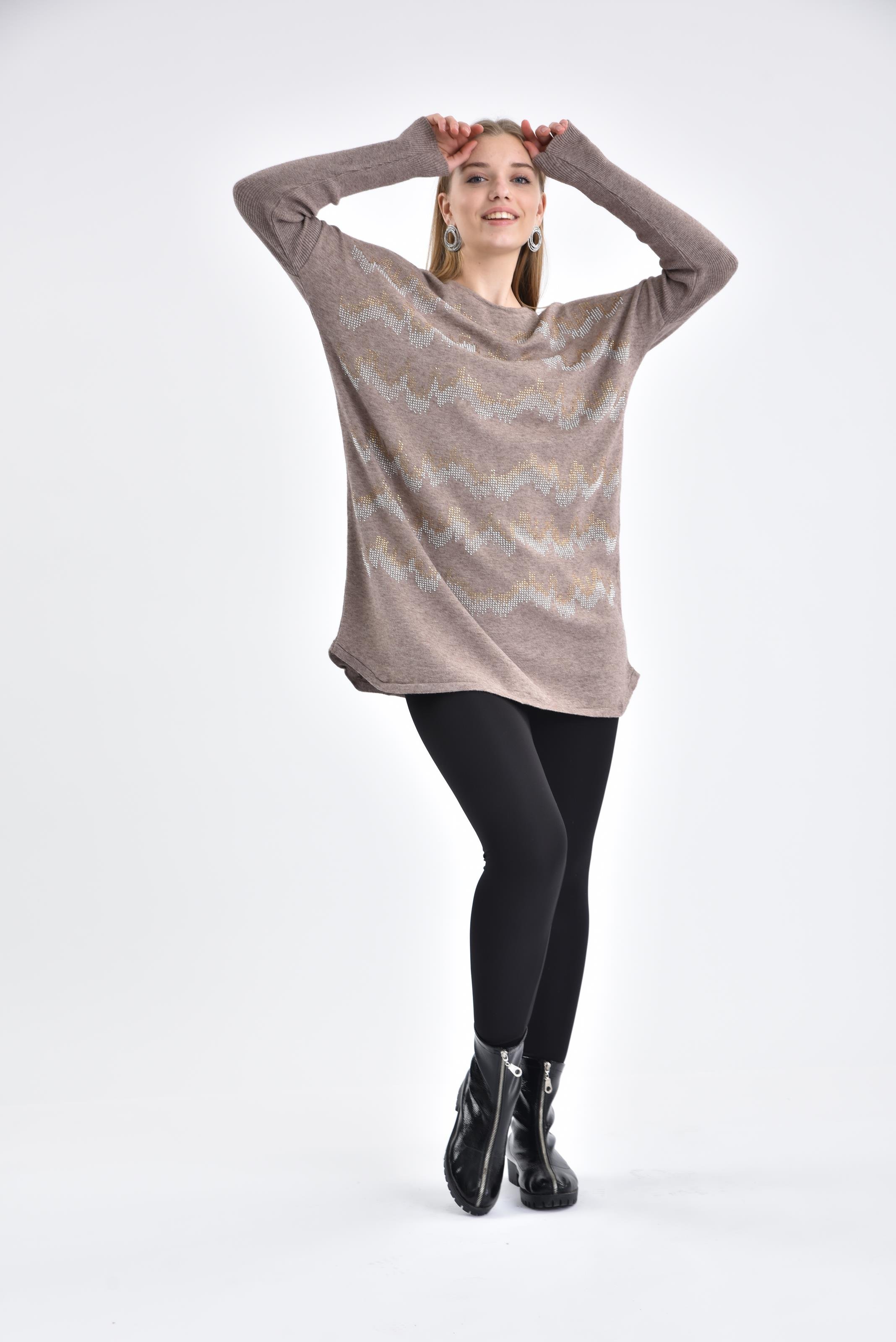 FTZ Women Kadın Önü Taş Detaylı Tunik  Beige 21-6046