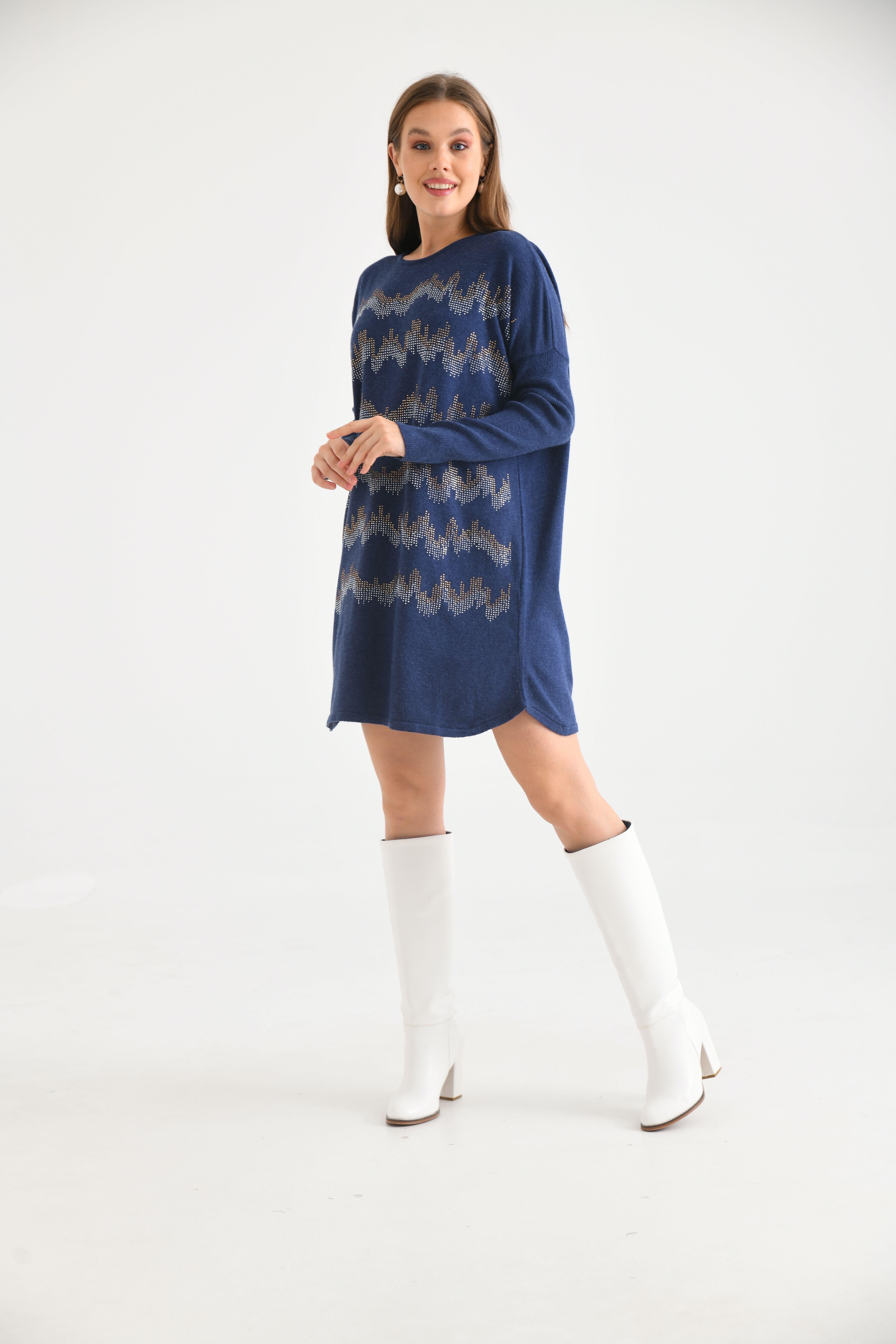 FTZ Women Kadın Önü Taş Detaylı Tunik  İndigo 21-6046