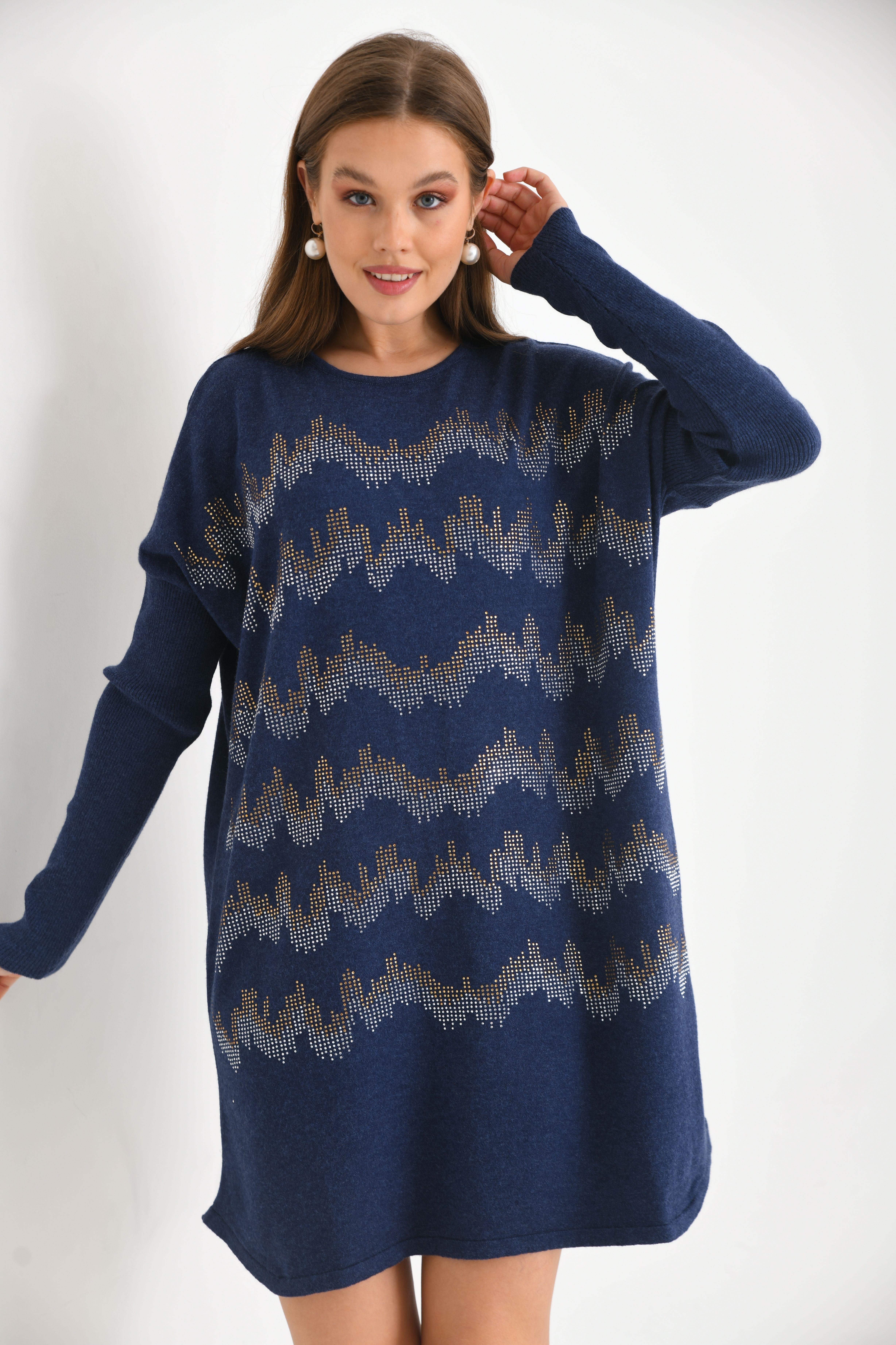 FTZ Women Kadın Önü Taş Detaylı Tunik  İndigo 21-6046