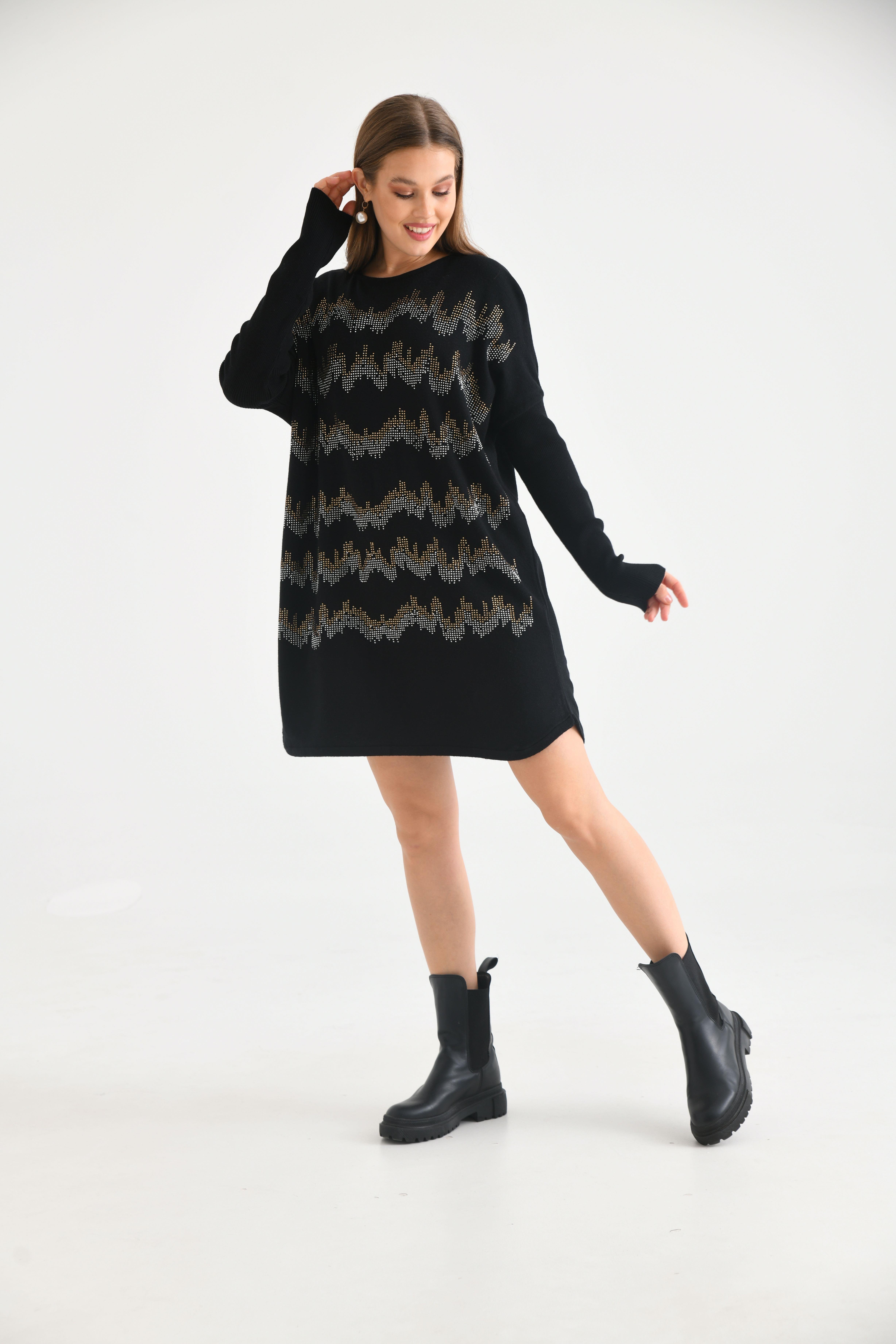 FTZ Women Kadın Önü Taş Detaylı Tunik  Siyah 21-6046