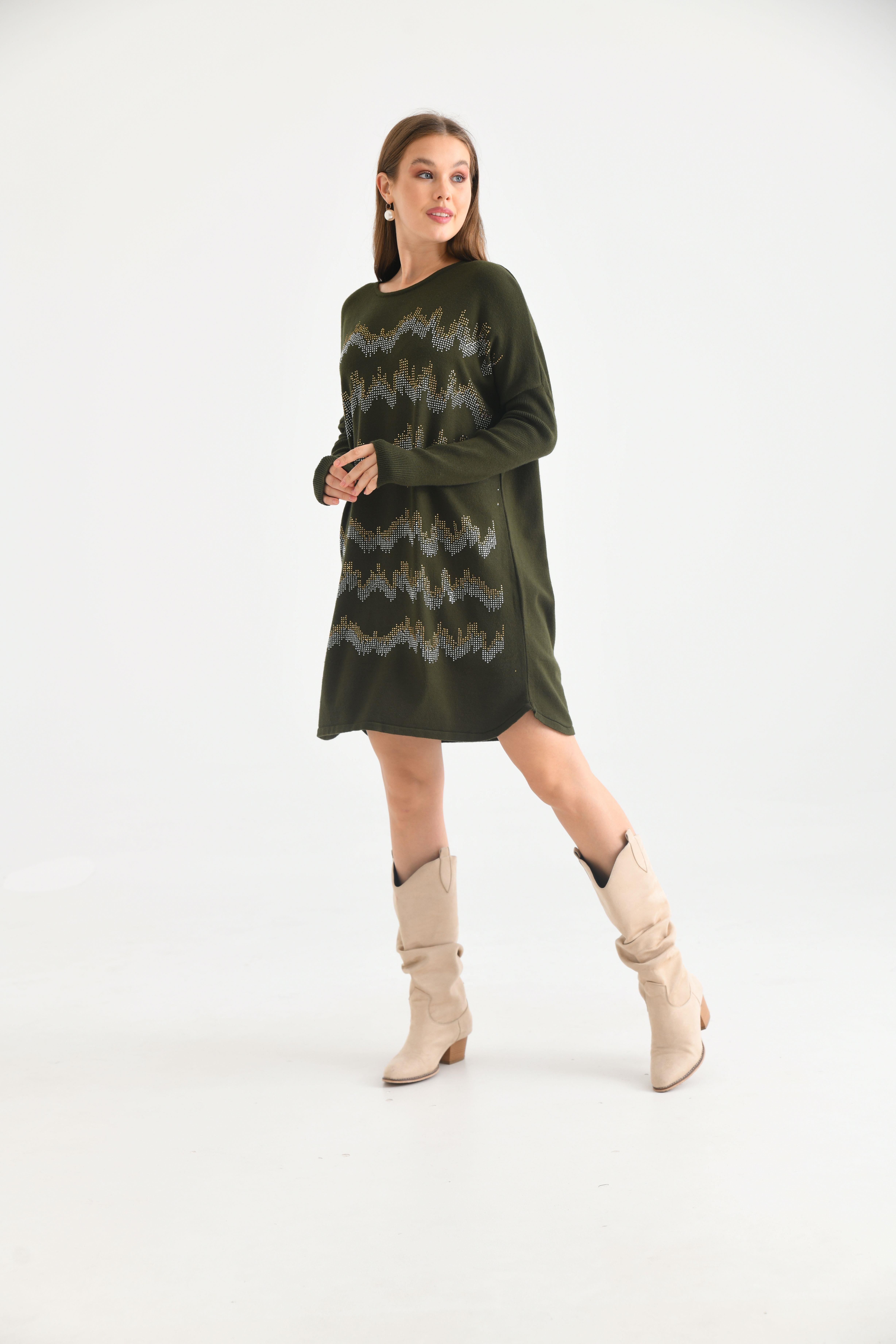 FTZ Women Kadın Önü Taş Detaylı Tunik  Haki 21-6046