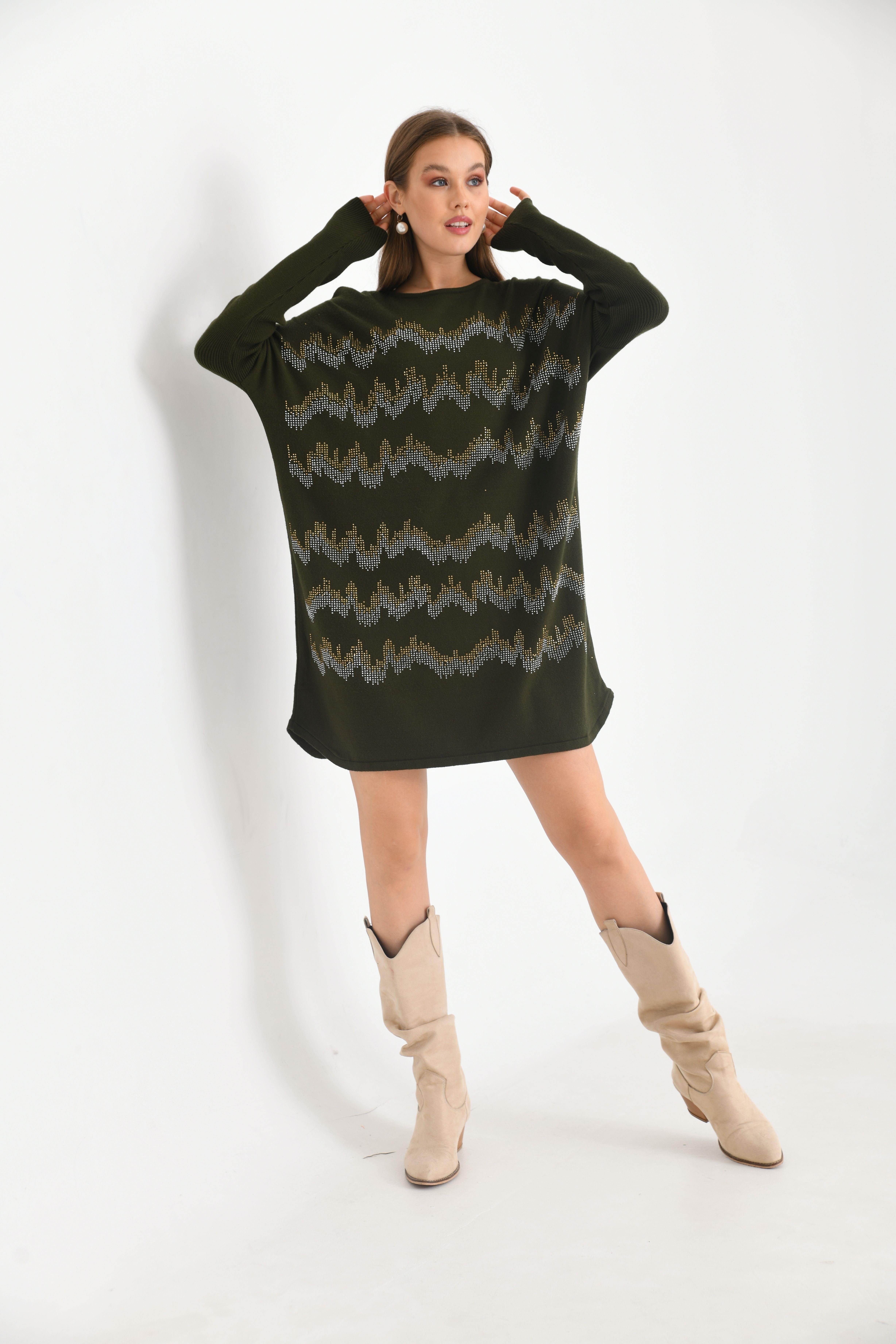 FTZ Women Kadın Önü Taş Detaylı Tunik  Haki 21-6046