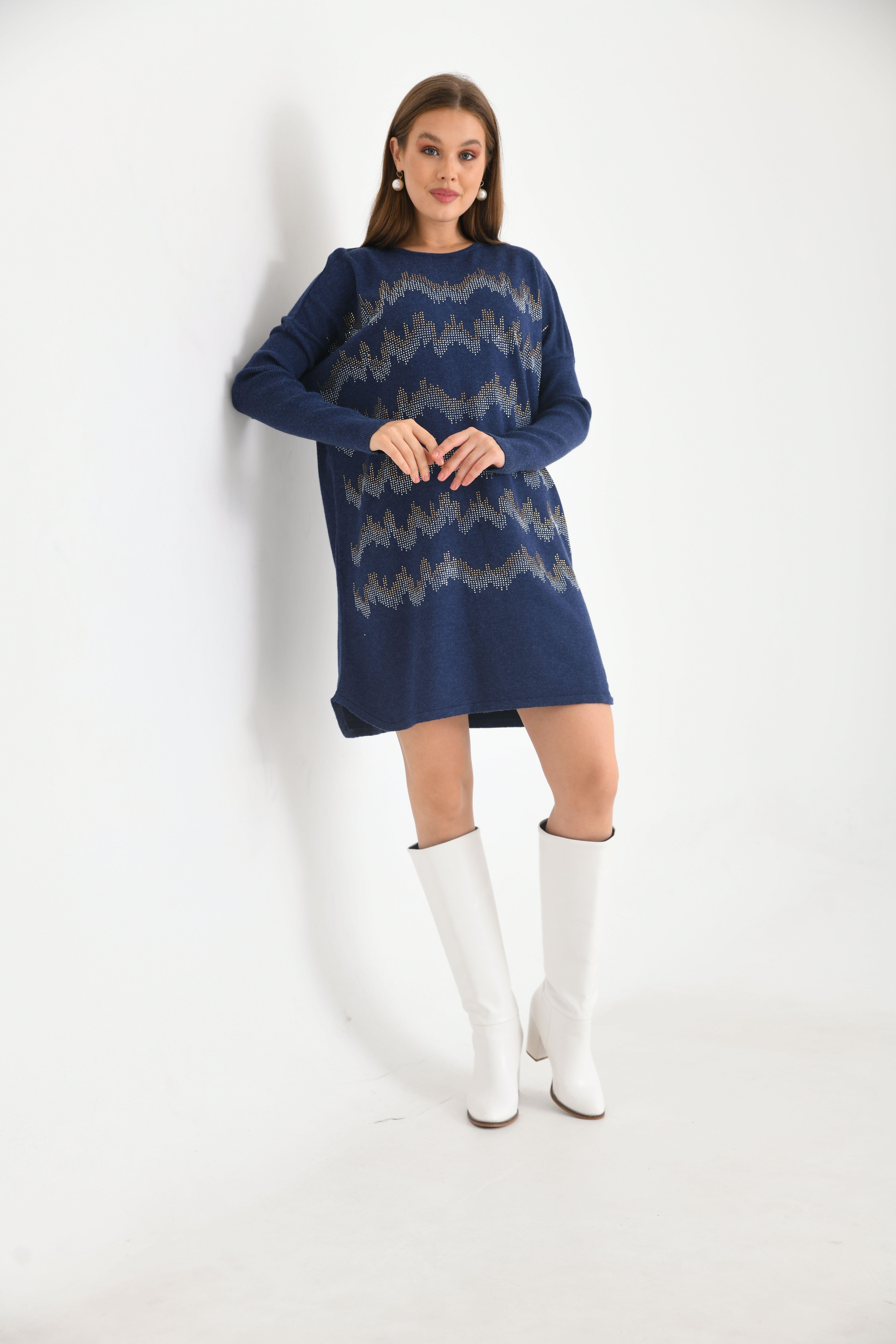 FTZ Women Kadın Önü Taş Detaylı Tunik  İndigo 21-6046