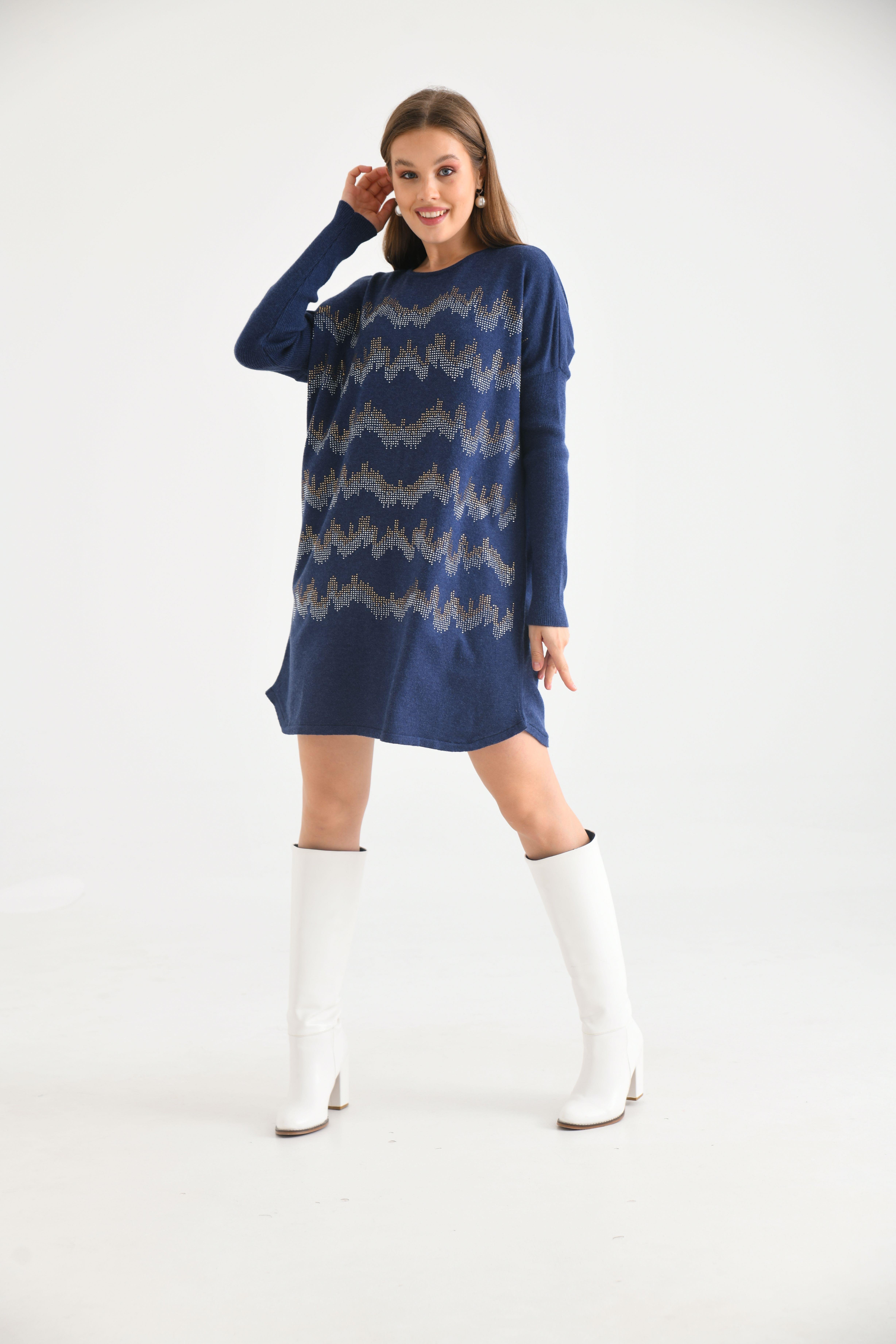 FTZ Women Kadın Önü Taş Detaylı Tunik  İndigo 21-6046