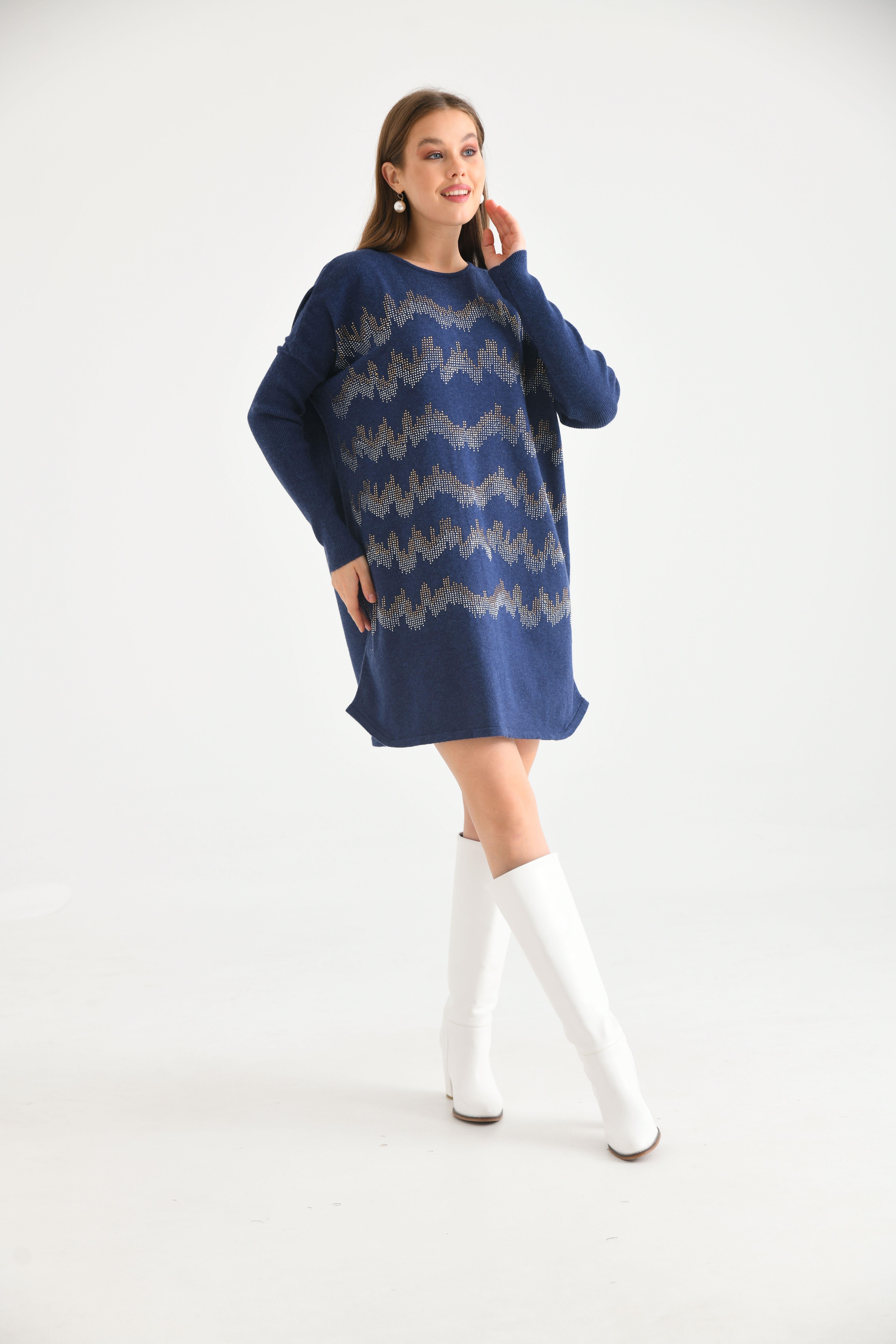 FTZ Women Kadın Önü Taş Detaylı Tunik  İndigo 21-6046