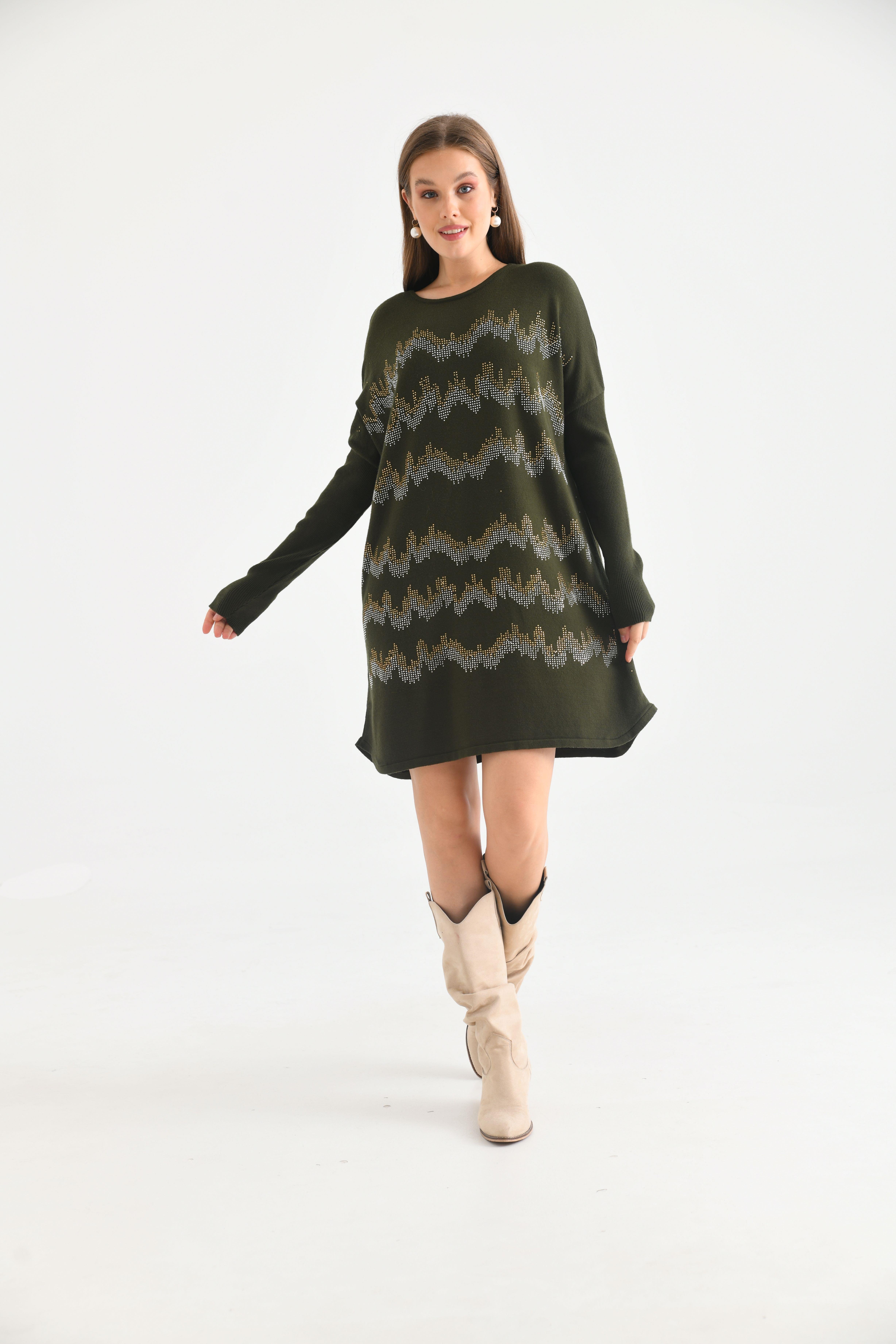 FTZ Women Kadın Önü Taş Detaylı Tunik  Haki 21-6046