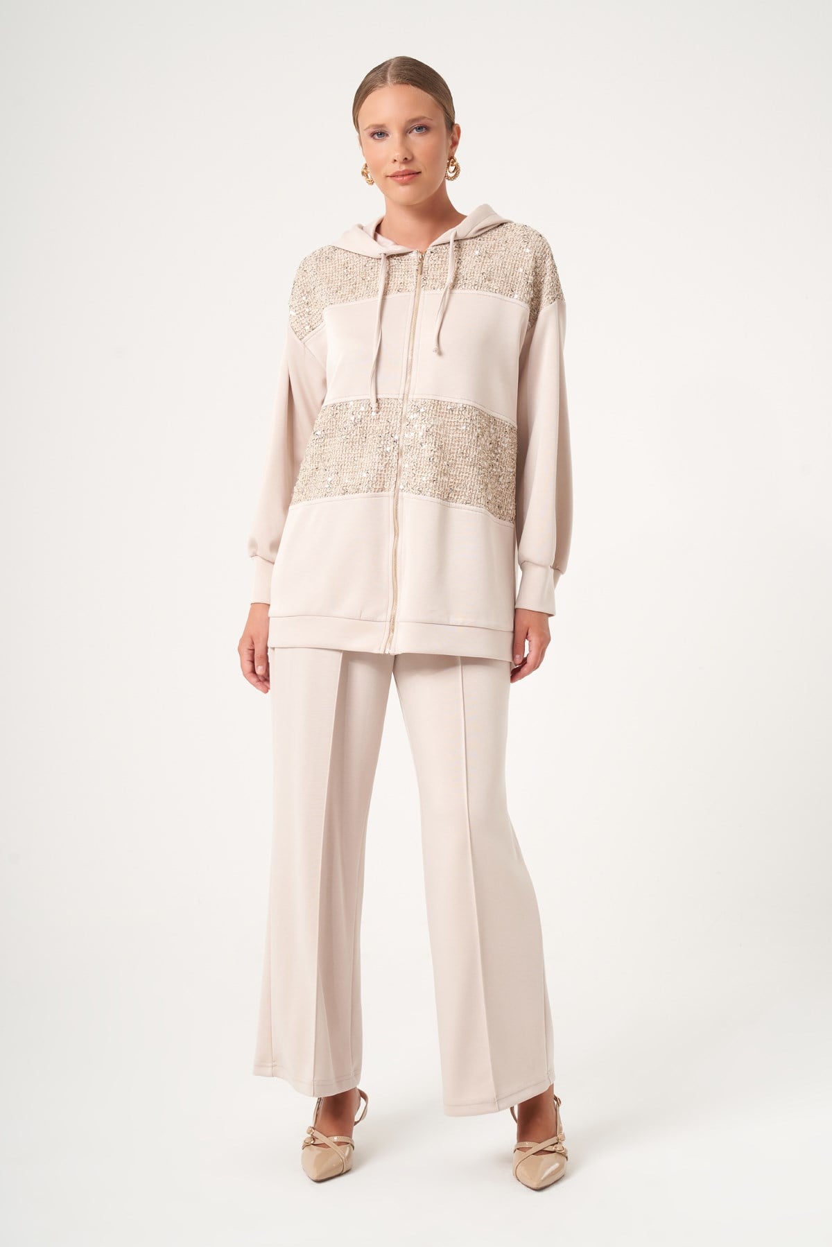 FTZ Women Kadın Payet Detay Modal Takım  Beige 31519