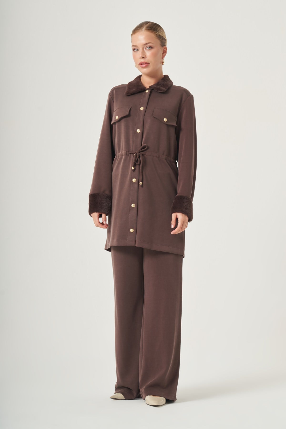 FTZ Women Kadın Peluş Detay Pantolonlu Takım  Kahve 31528