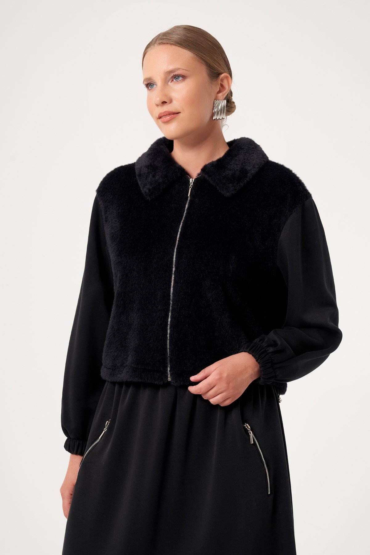 FTZ Women Kadın Peluş Detaylı Etekli Takım  Siyah 31527