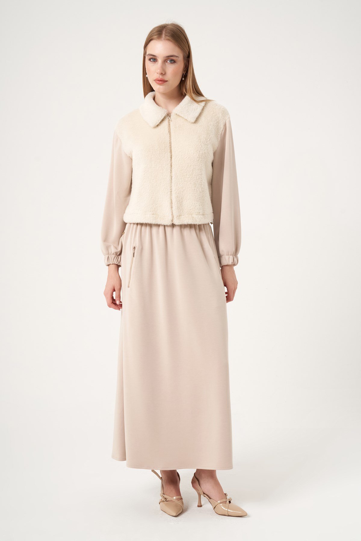 FTZ Women Kadın Peluş Detaylı Etekli Takım  Beige 31527