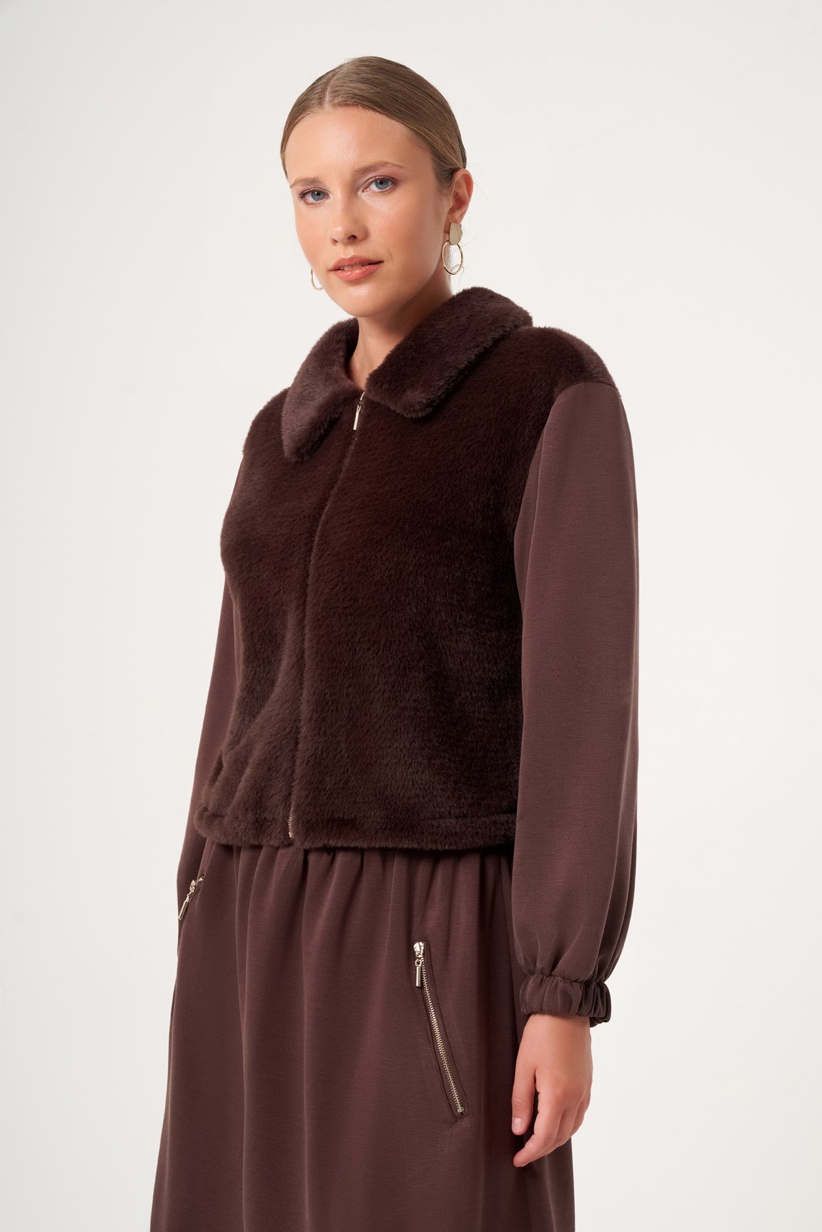 FTZ Women Kadın Peluş Detaylı Etekli Takım  Kahve 31527