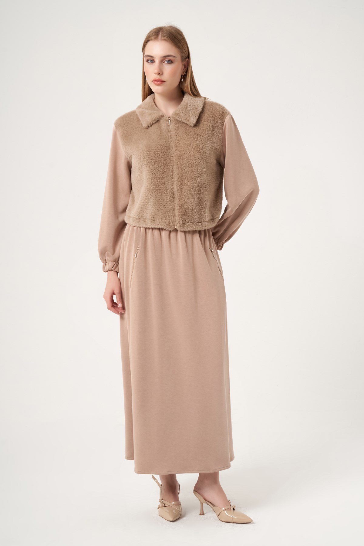FTZ Women Kadın Peluş Detaylı Etekli Takım  Camel 31527
