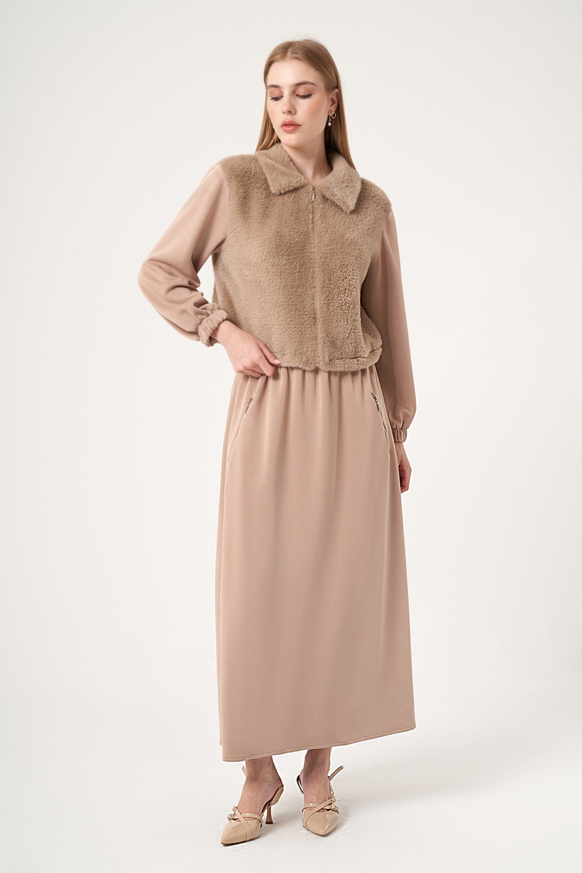 FTZ Women Kadın Peluş Detaylı Etekli Takım  Camel 31527