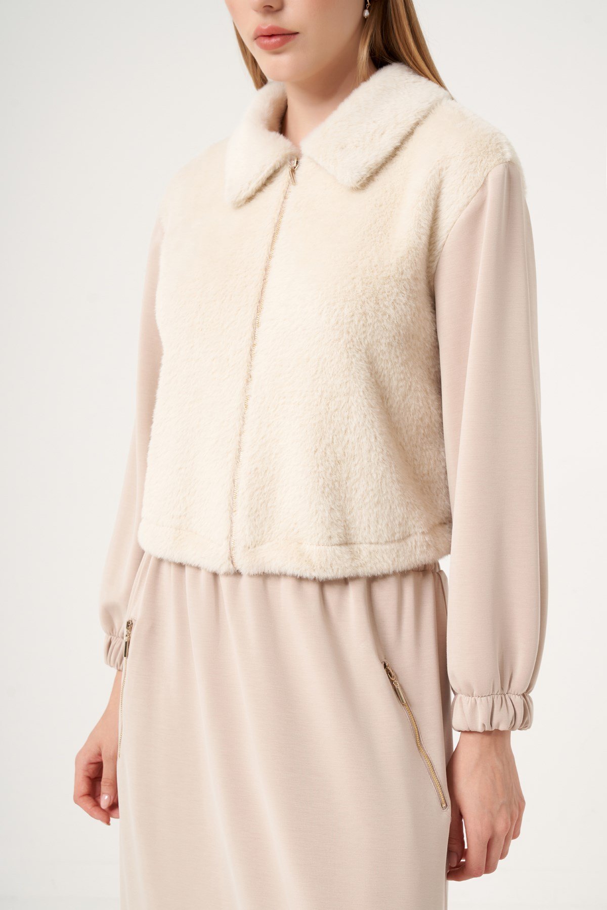 FTZ Women Kadın Peluş Detaylı Etekli Takım  Beige 31527