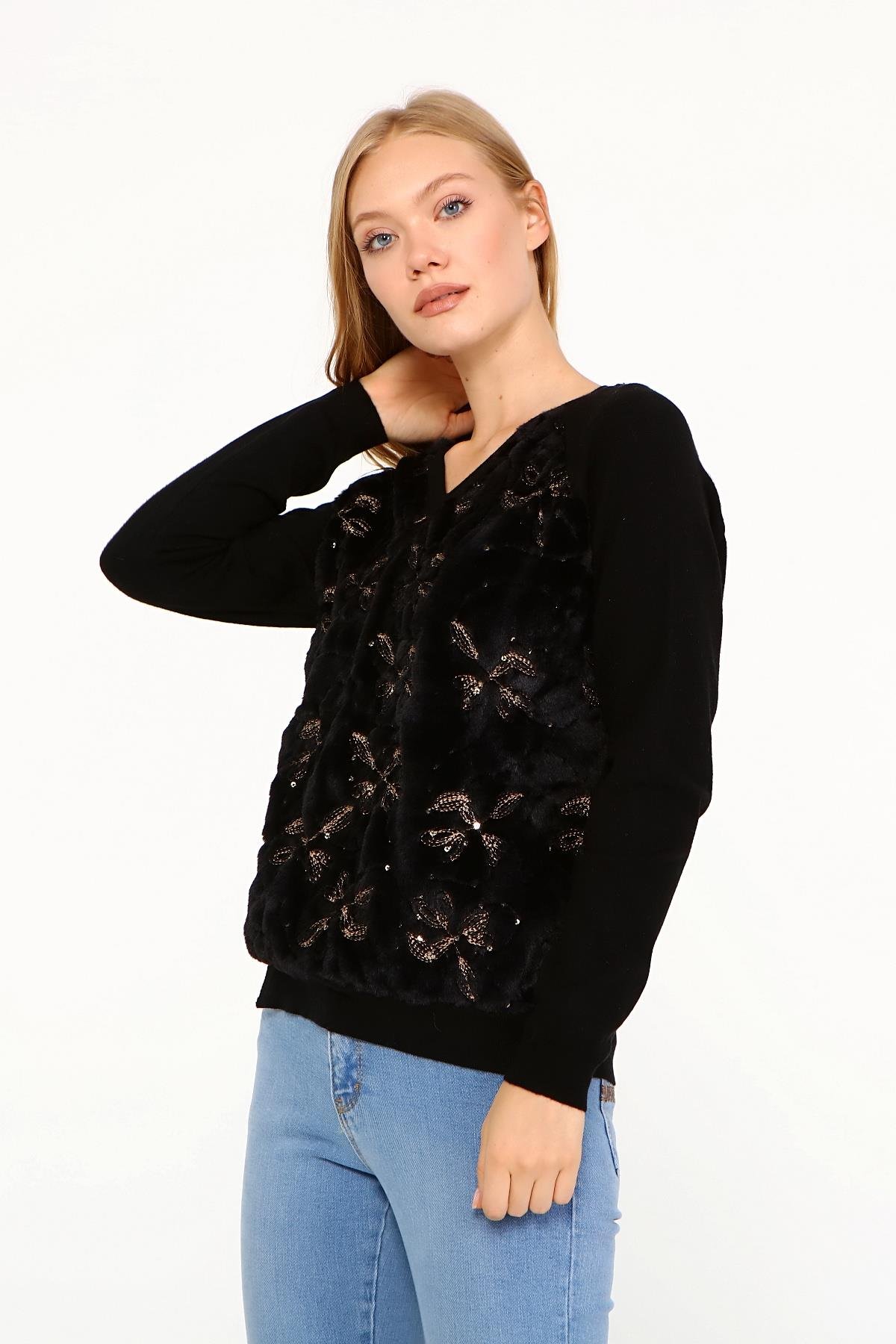 FTZ Women Kadın Peluş Nakışlı Triko  Siyah 21-1043