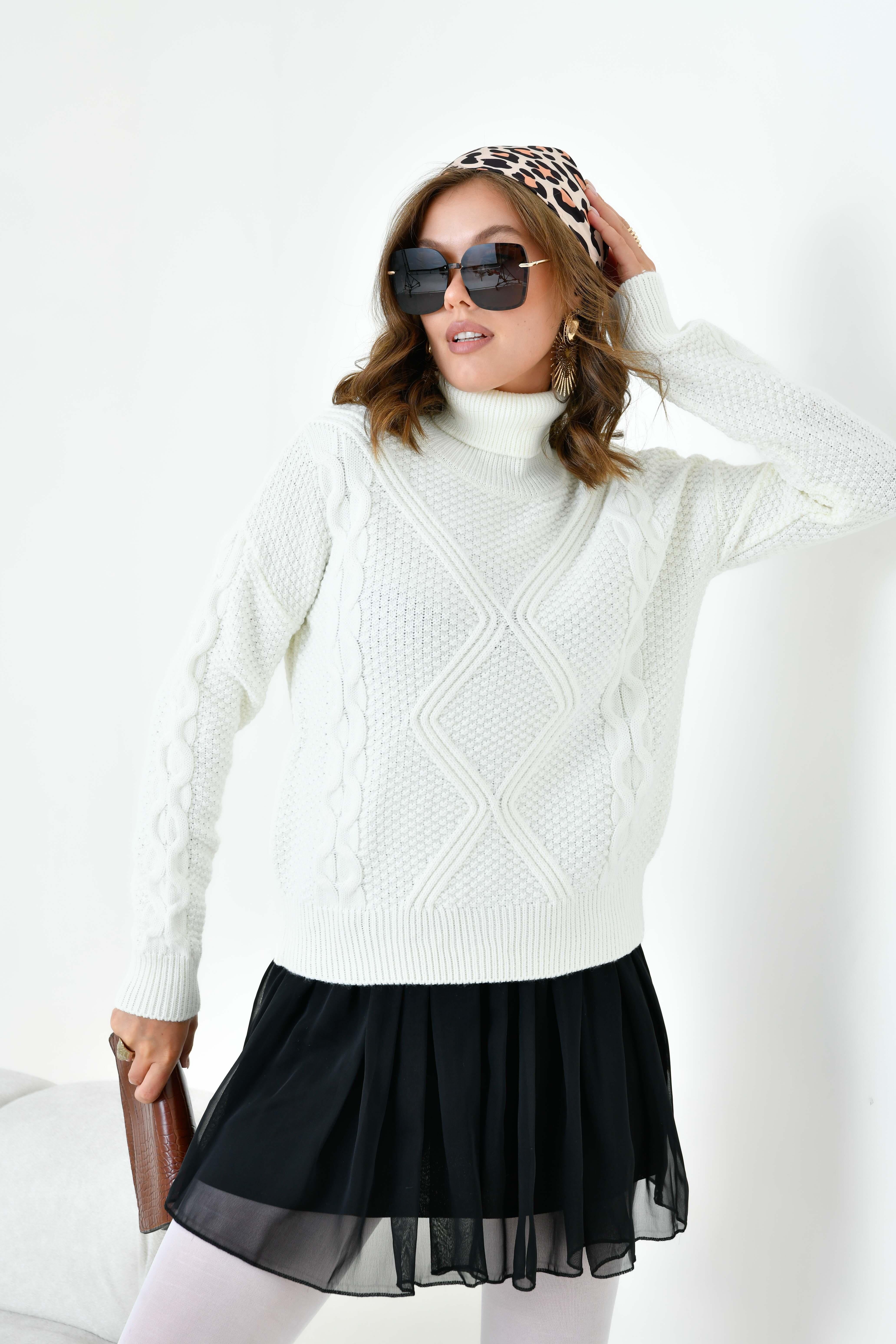 FTZ Women Kadın Pirinç Örgü Kazak  Ekru 20909