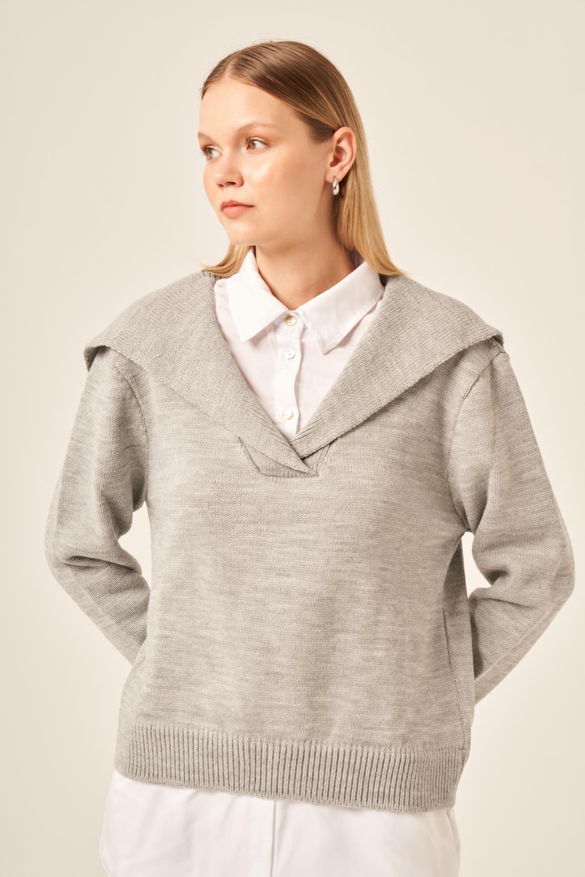 FTZ Women Kadın Poplin Mixli Kazak  Gri 20983