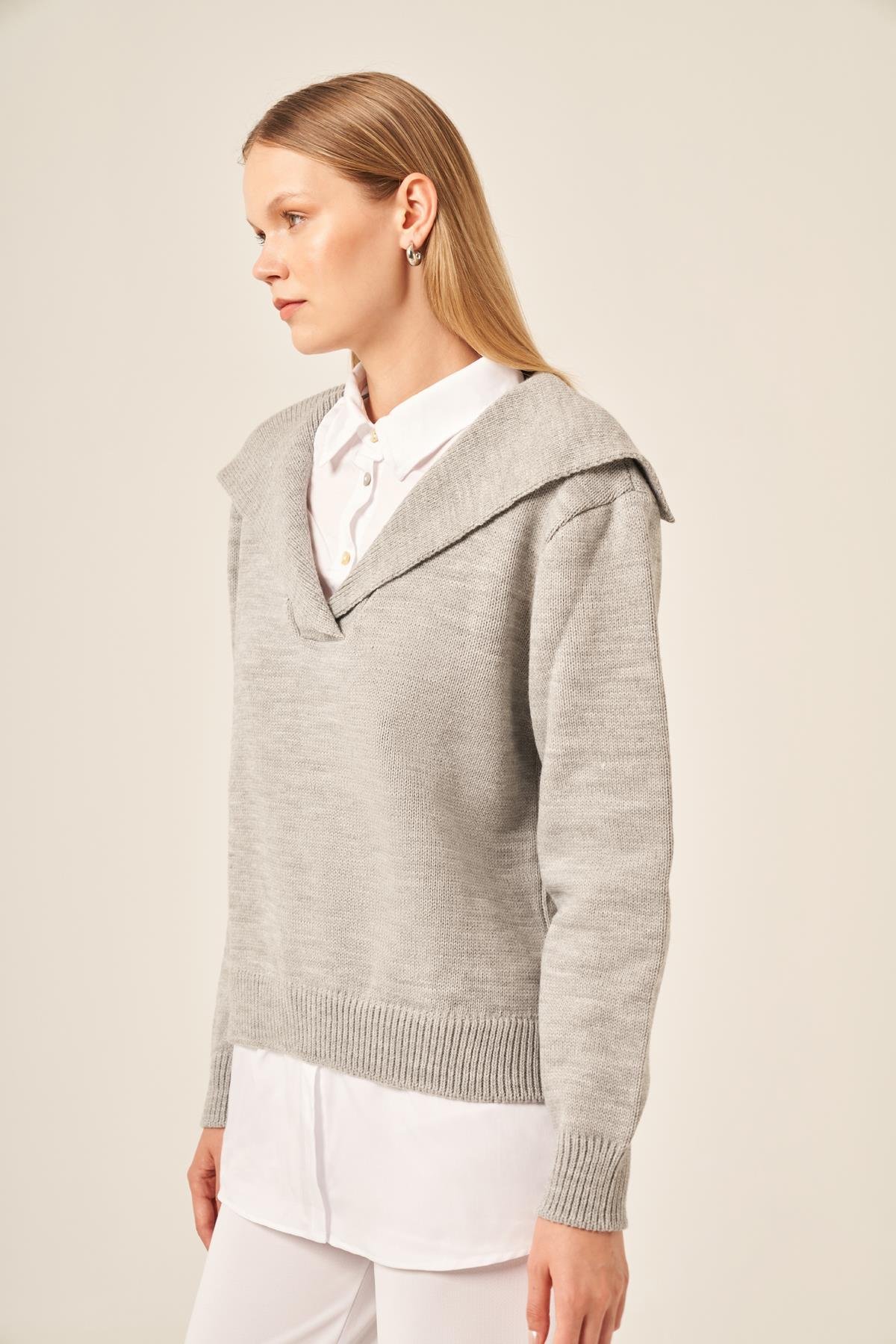 FTZ Women Kadın Poplin Mixli Kazak  Gri 20983